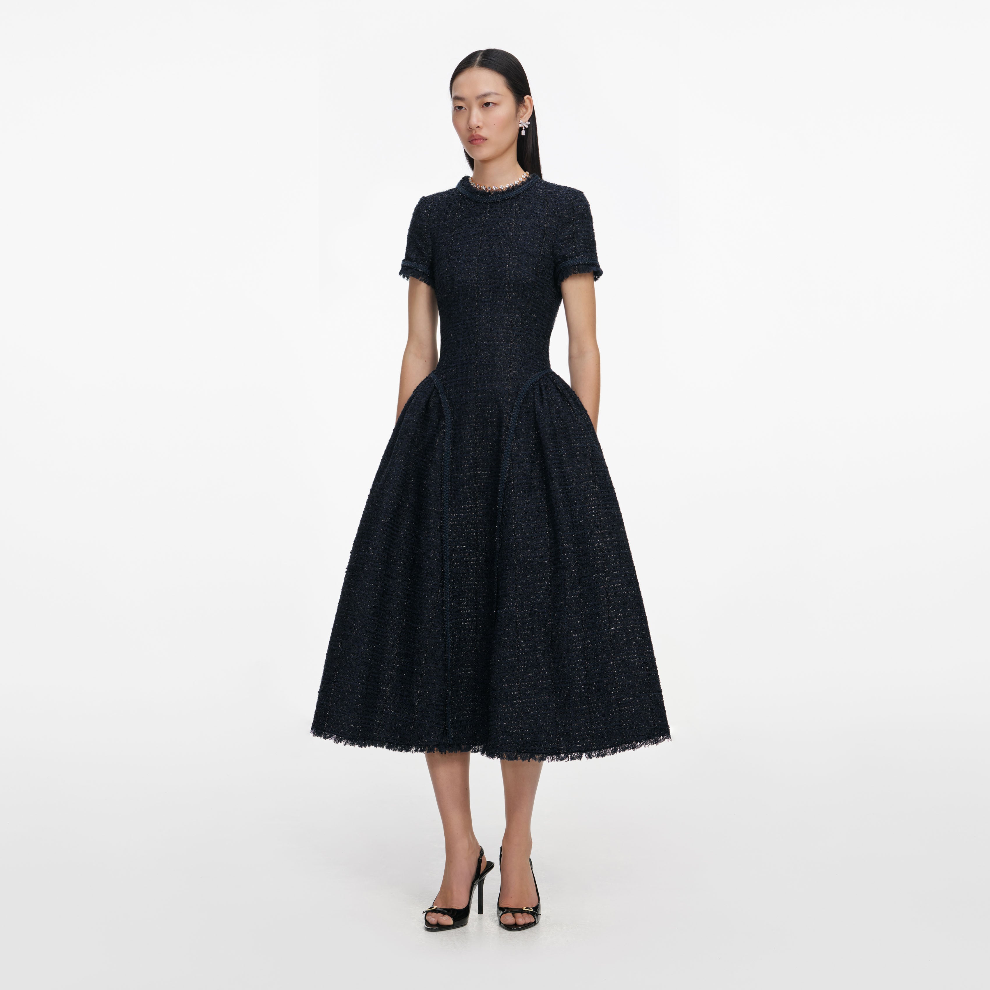 Navy Metallic Boucle Midi Dress