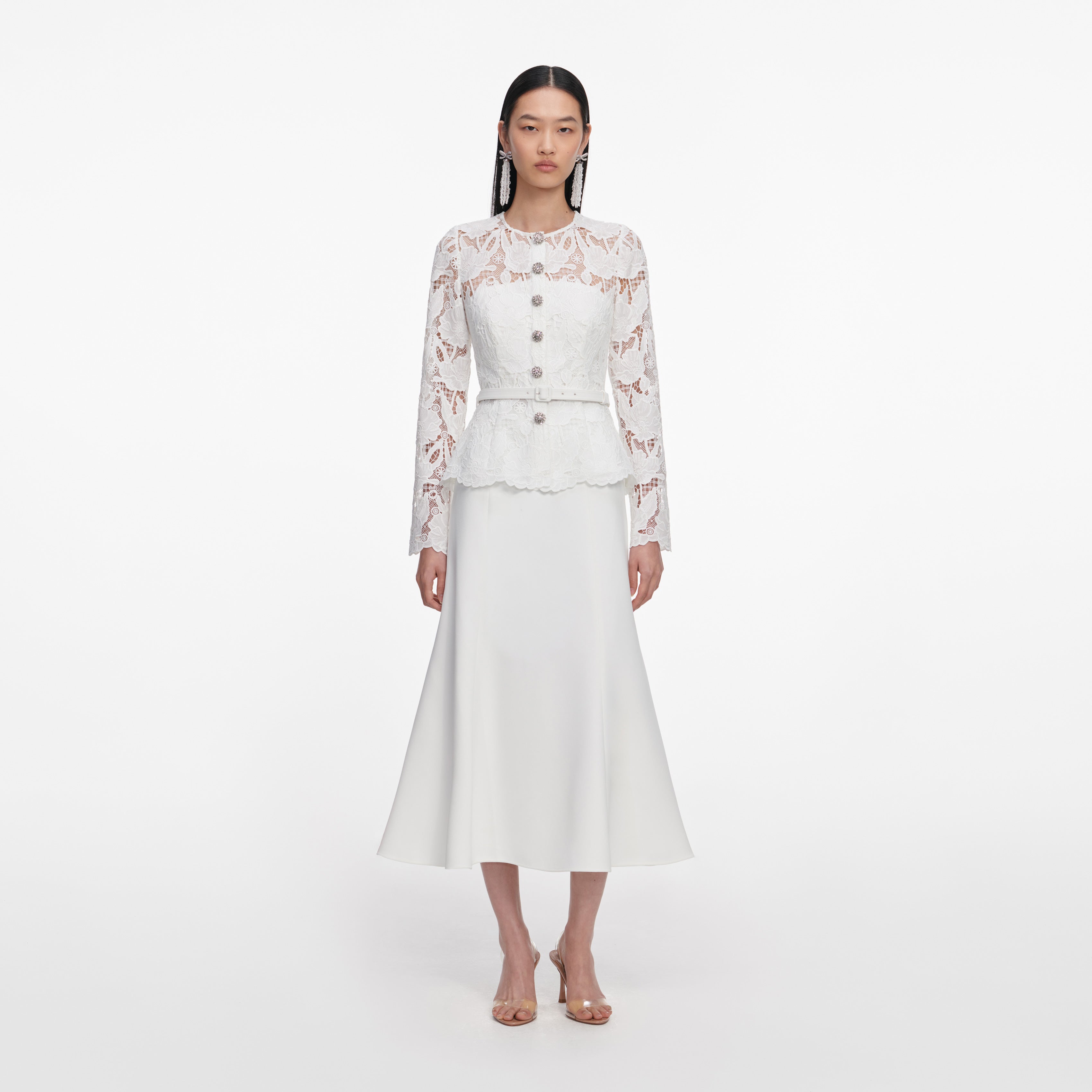 White Lace Crepe Midi Dress