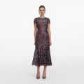 Navy Floral Sequin Midi Dress