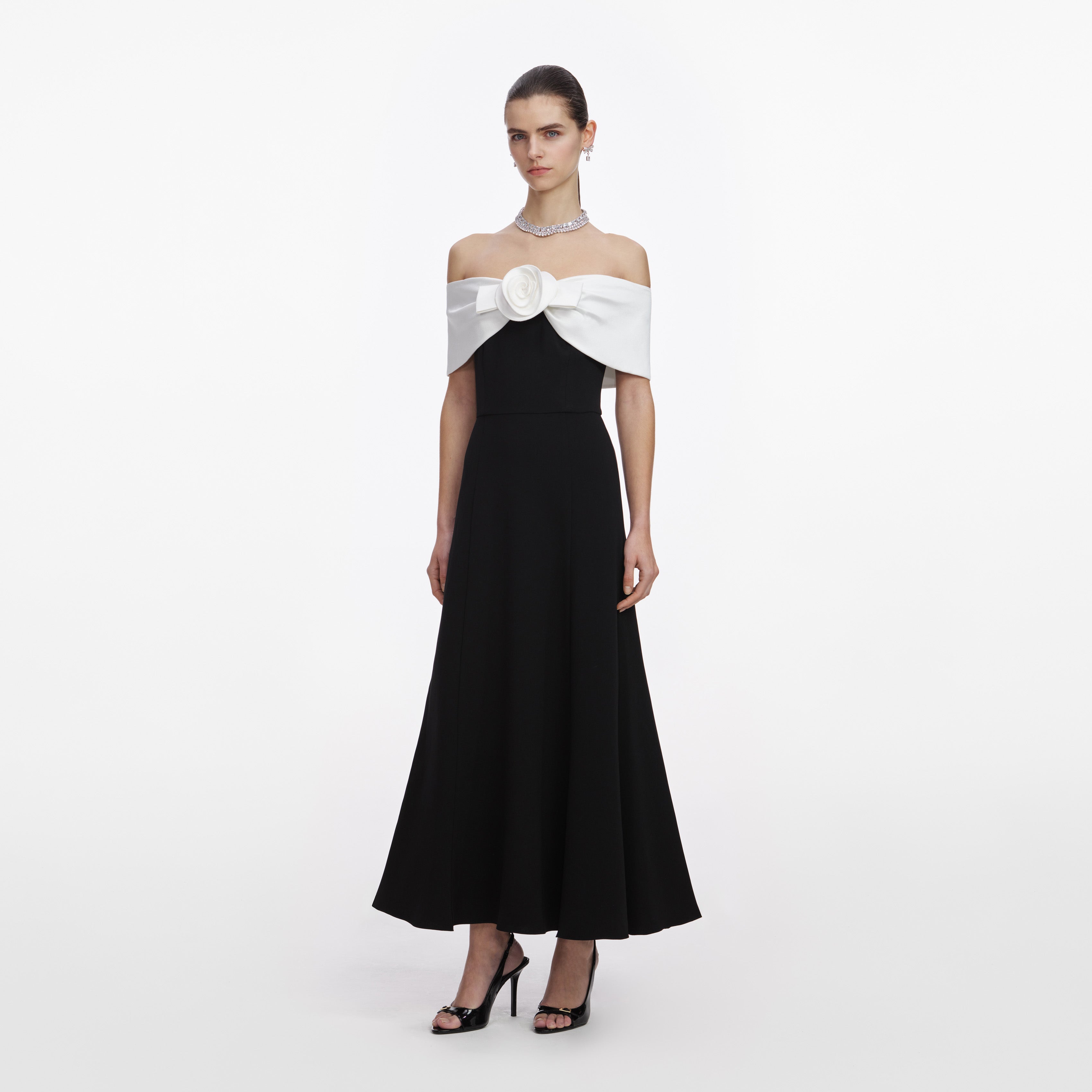 Black Crepe Flower Midi Dress