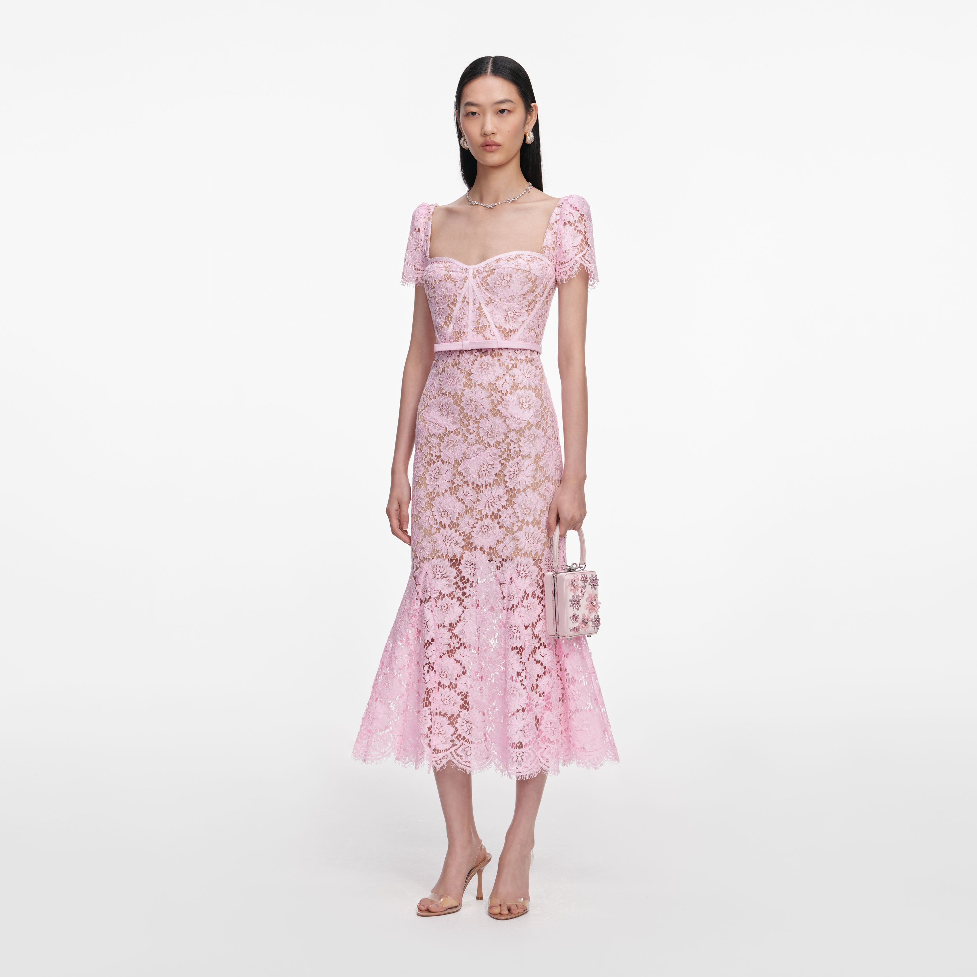 Pink Fine Lace Midi Dress