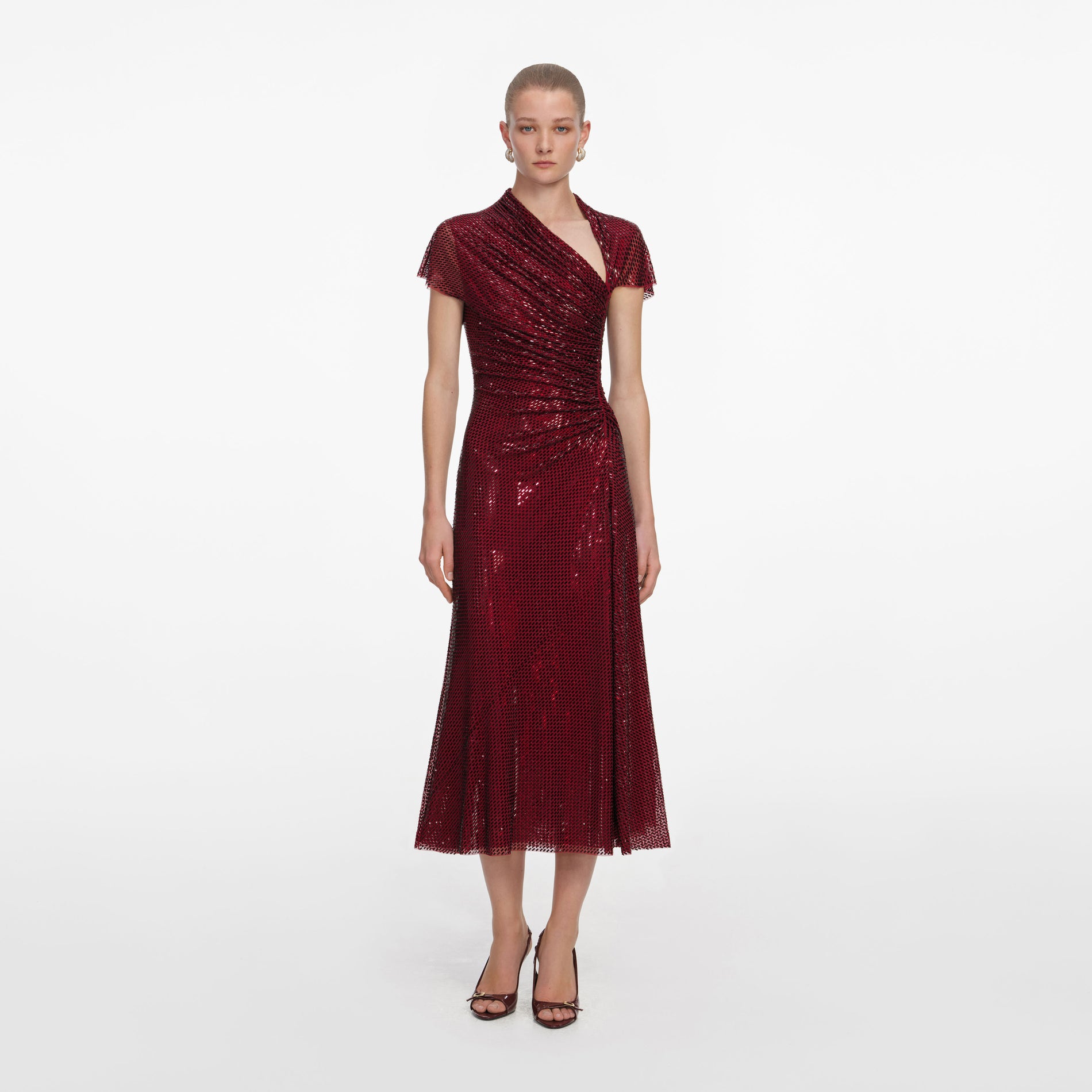 Red Rhinestone Drape Midi Dress