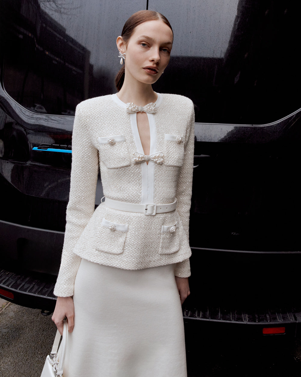 Cream Sequin Knit Tailored Midi Dress