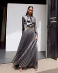 Grey Metallic Tie Neck Maxi Dress