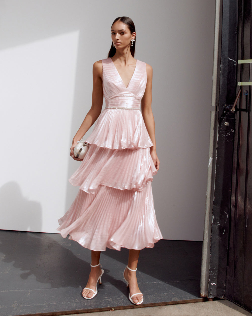 Pink Metallic Tiered Midi Dress
