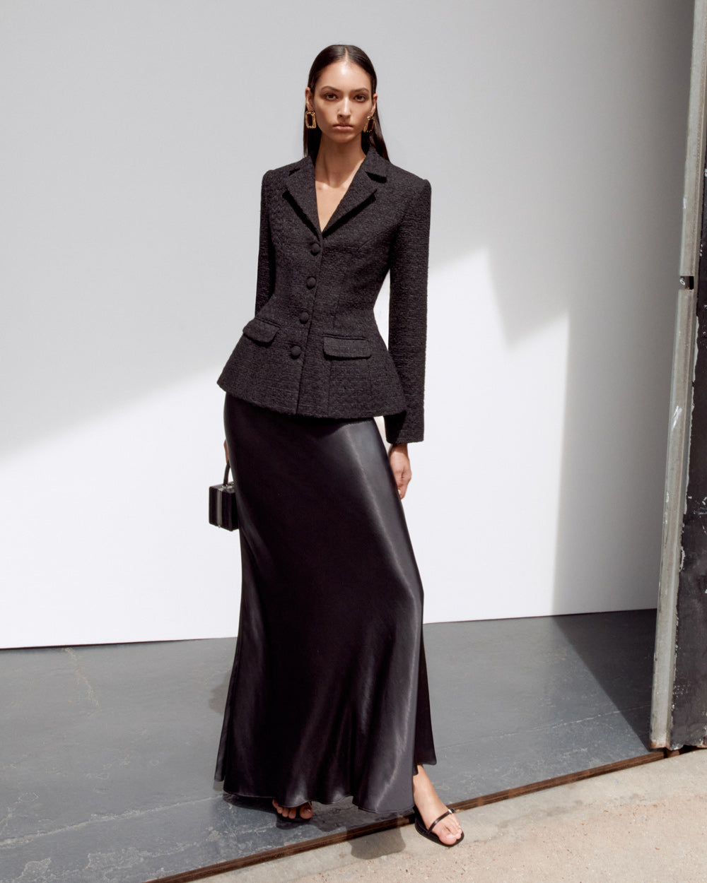 Black Tailored Boucle Maxi Dress