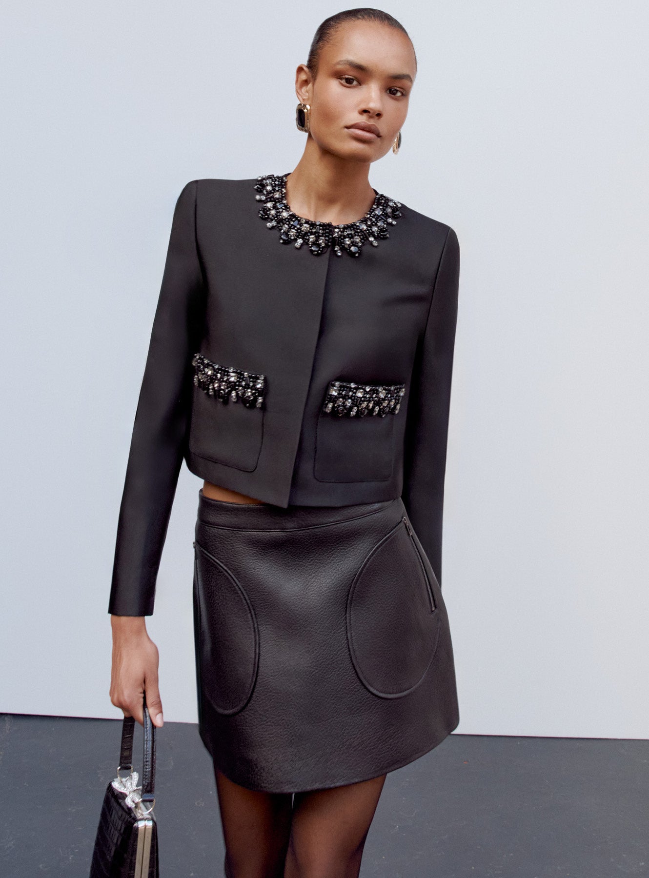 Black Taffeta Embellished Trim Jacket