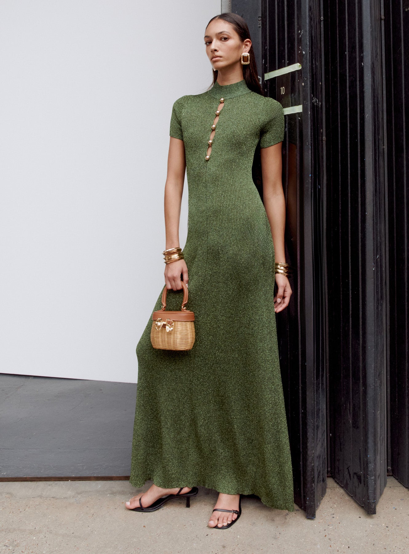 Khaki Lurex Knit Maxi Dress