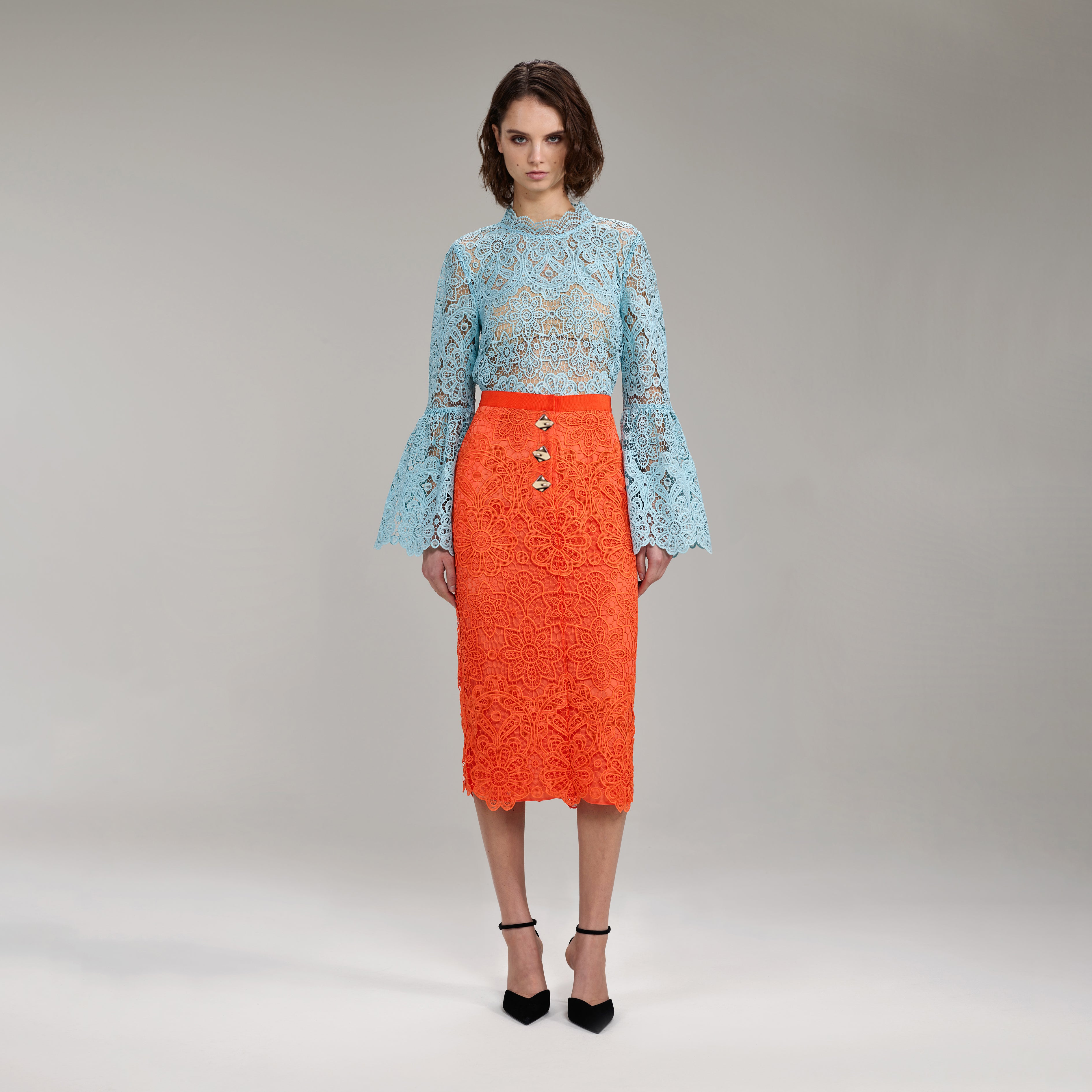 Light Blue Floral Guipure Angel Sleeve Blouse