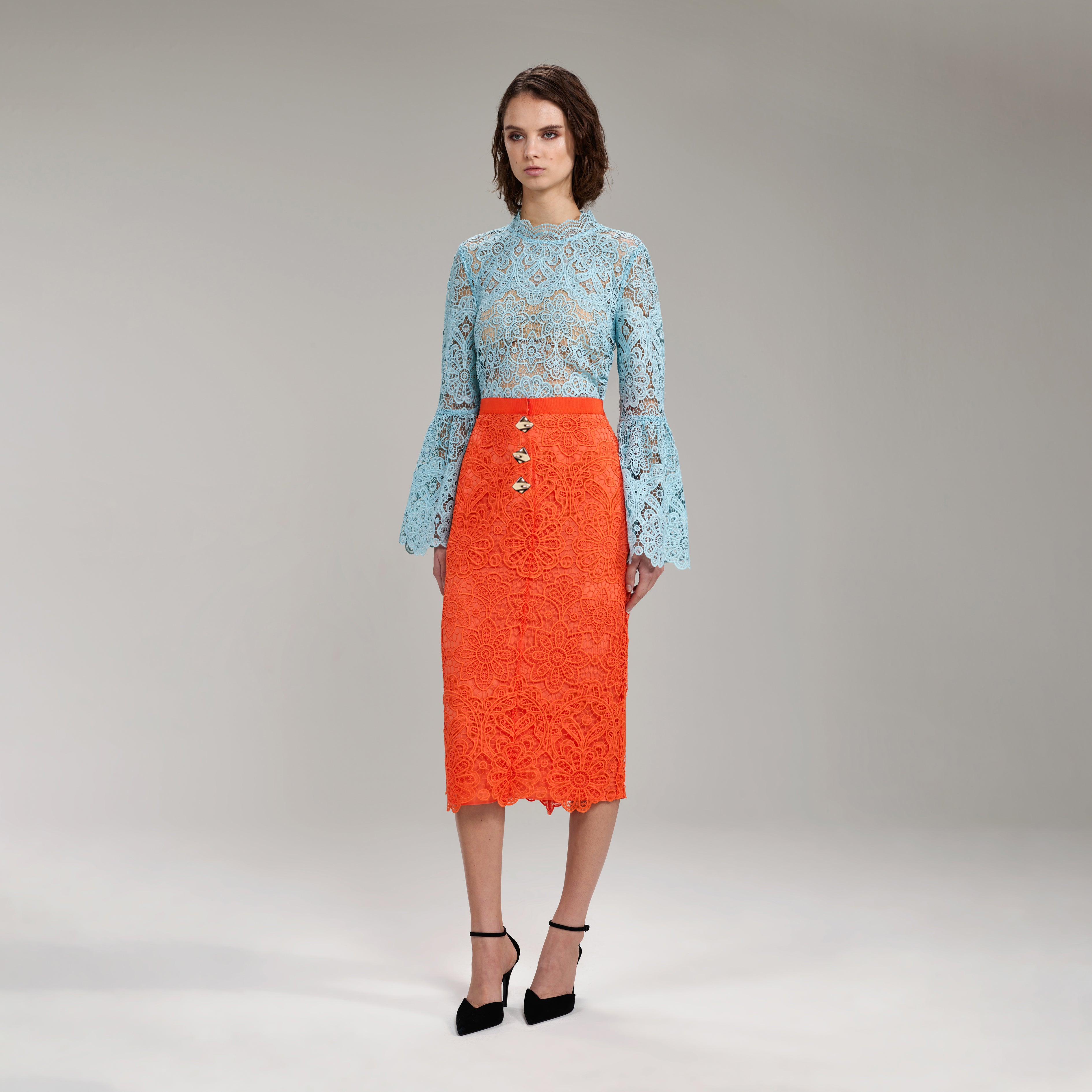 Light Blue Floral Guipure Angel Sleeve Blouse