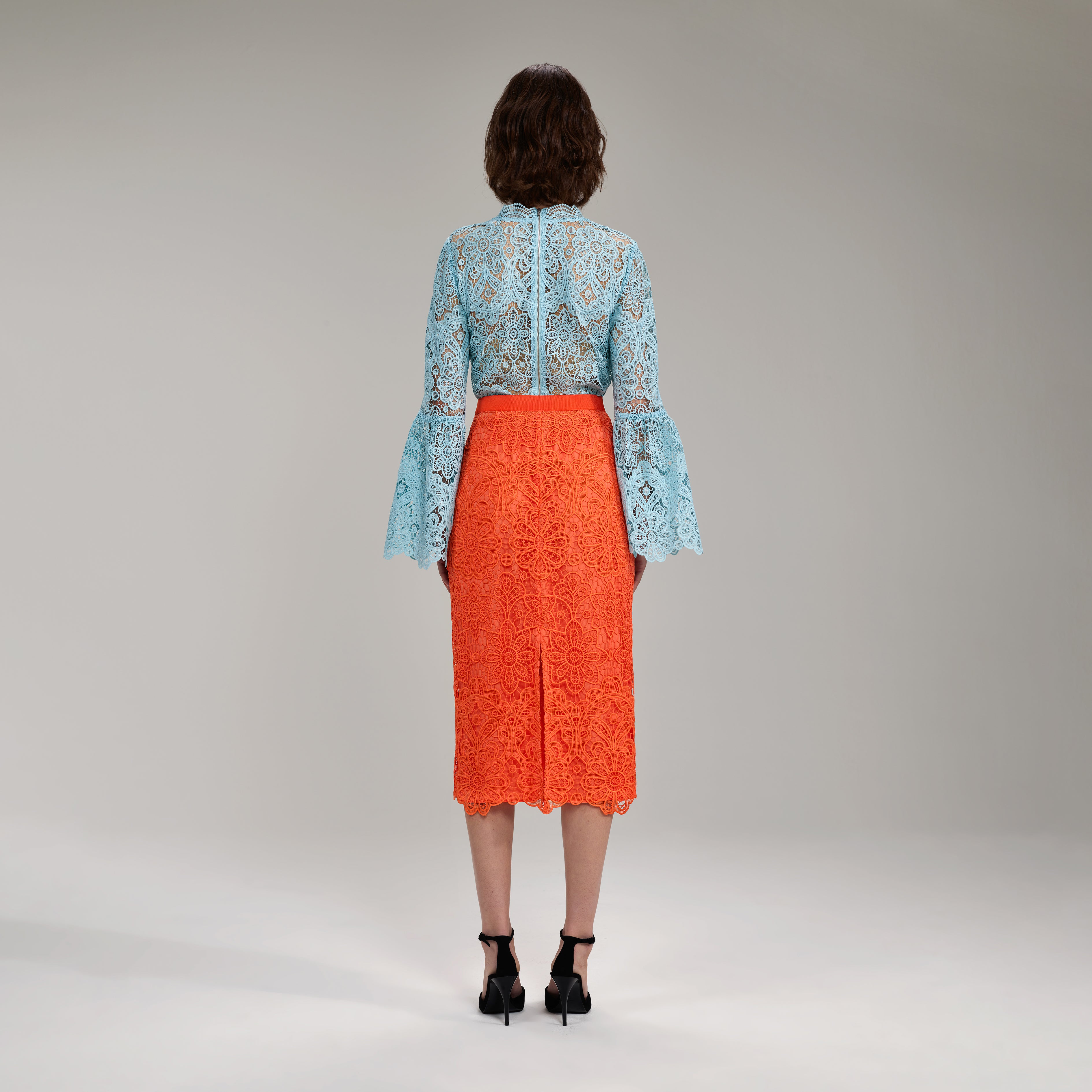 Light Blue Floral Guipure Angel Sleeve Blouse