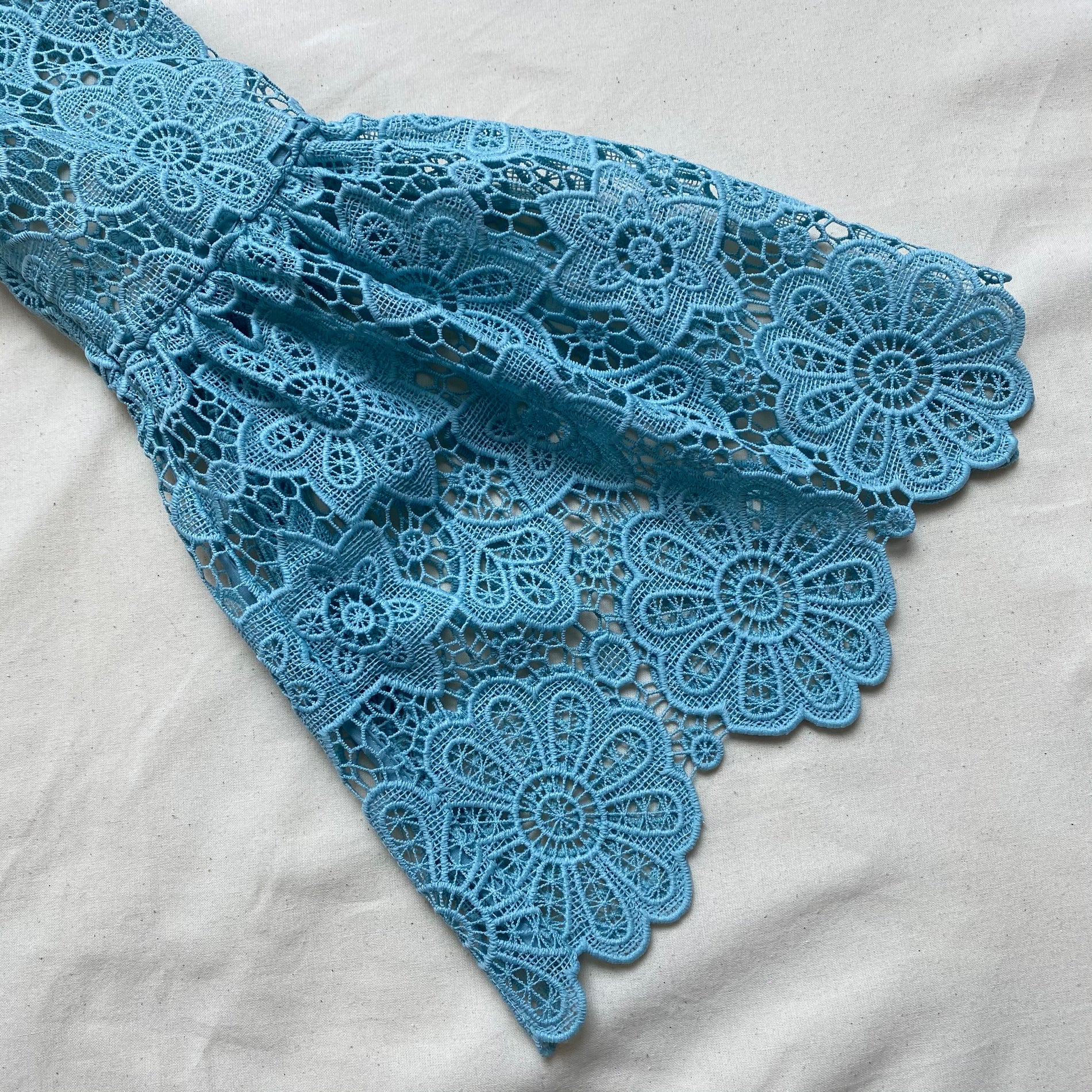 A close up of the fabric for the Light Blue Floral Guipure Angel Sleeve Blouse