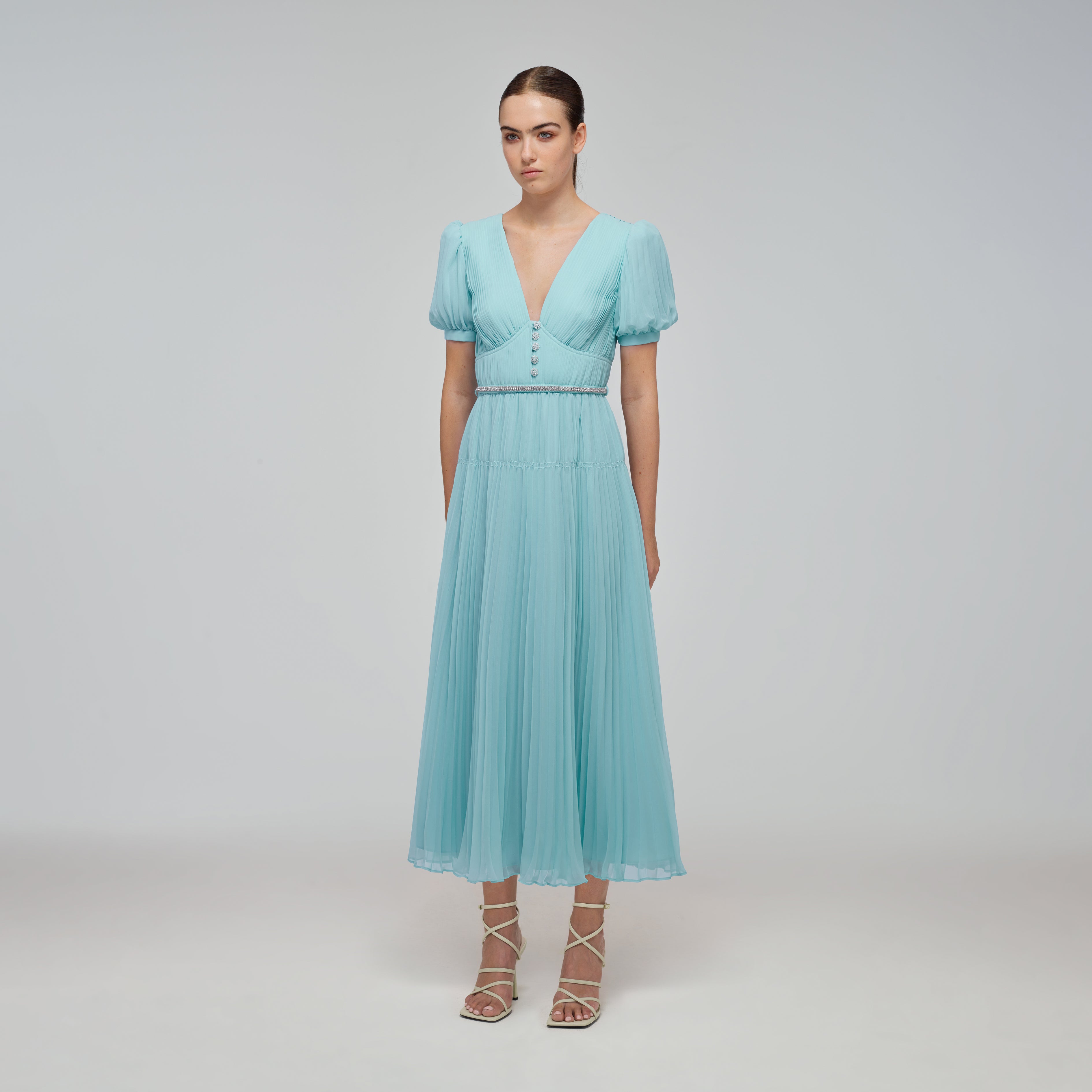 Blue Chiffon Diamanté Button Midi Dress