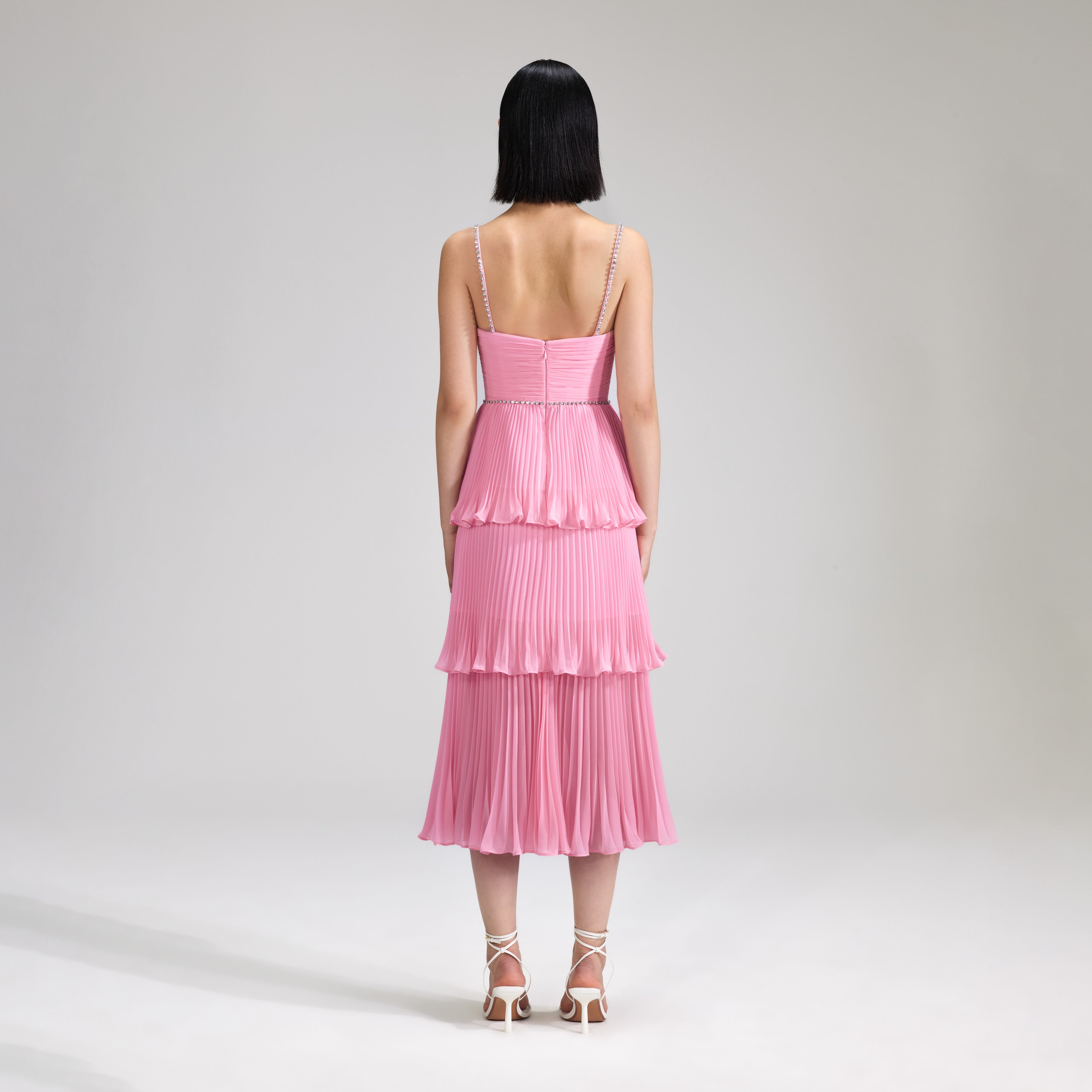 Pink Chiffon Tiered Midi Dress