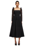 Crepe Dot Mesh Sleeved Midi Dress