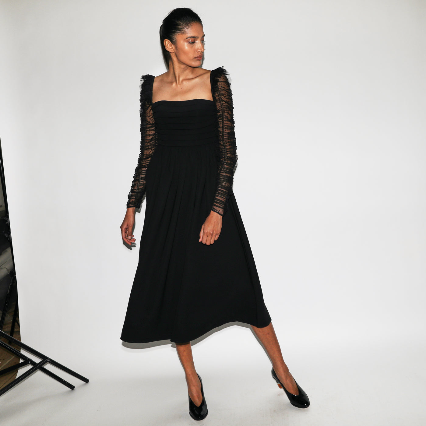 Crepe Dot Mesh Sleeved Midi Dress