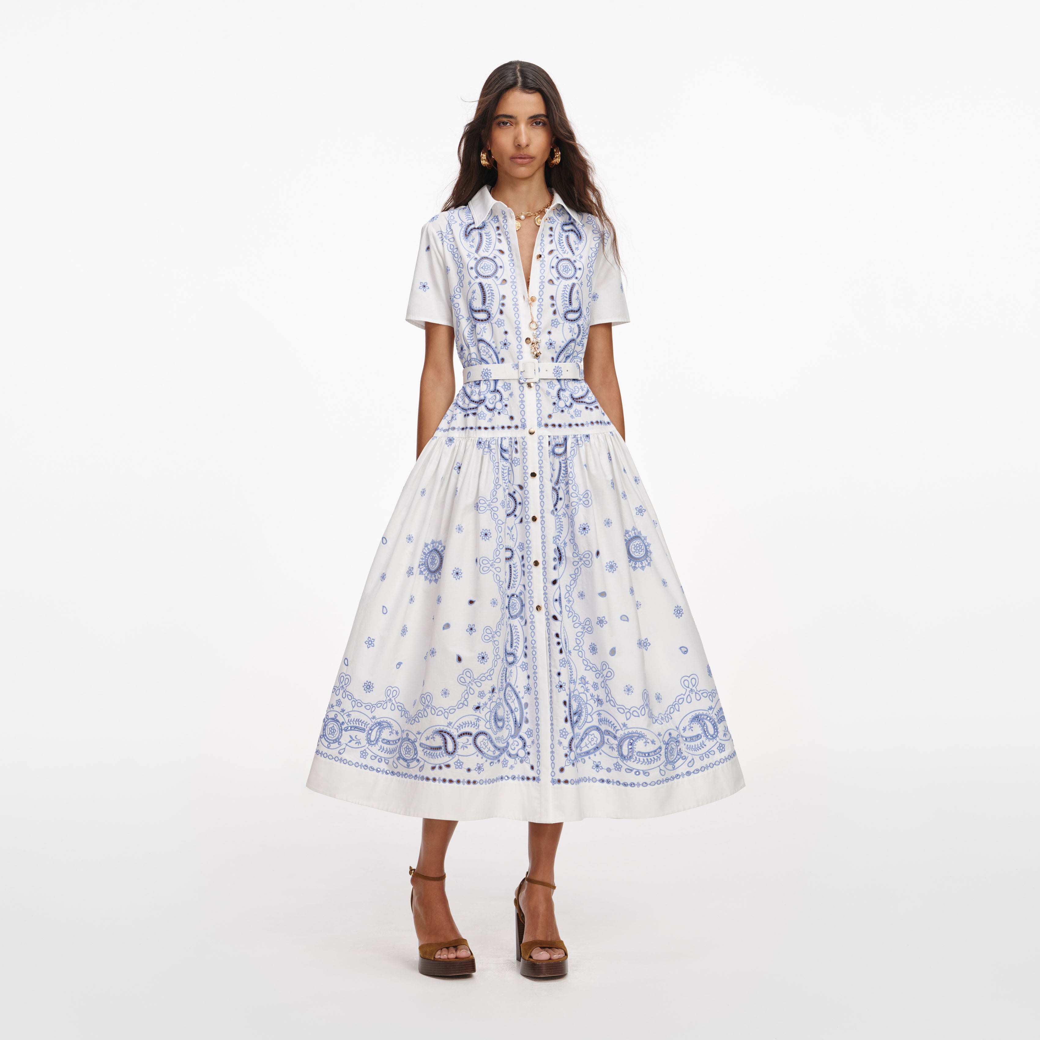 White And Blue Embroidered Midi Dress
