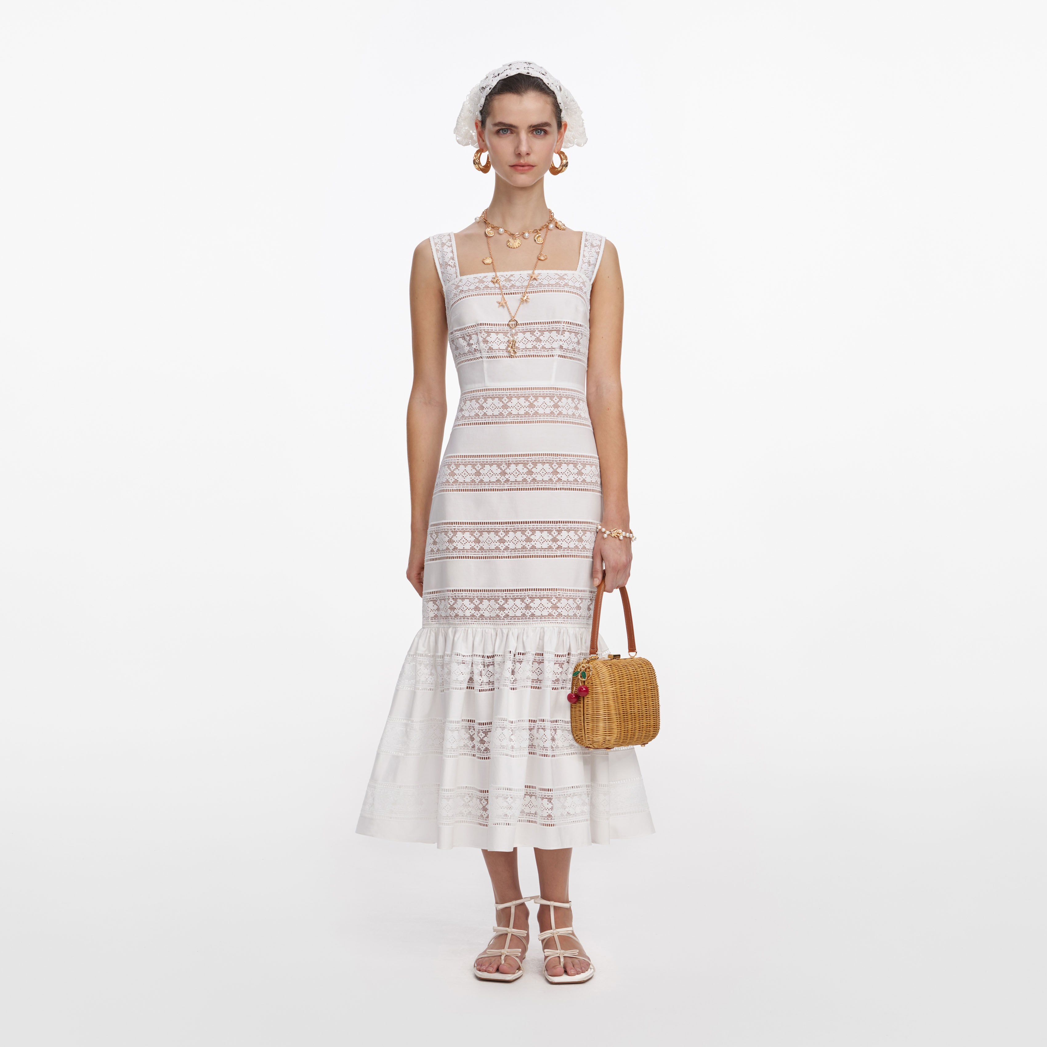 White Cotton Embroidered Midi Dress