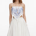 White And Blue Embroidered Linen Top