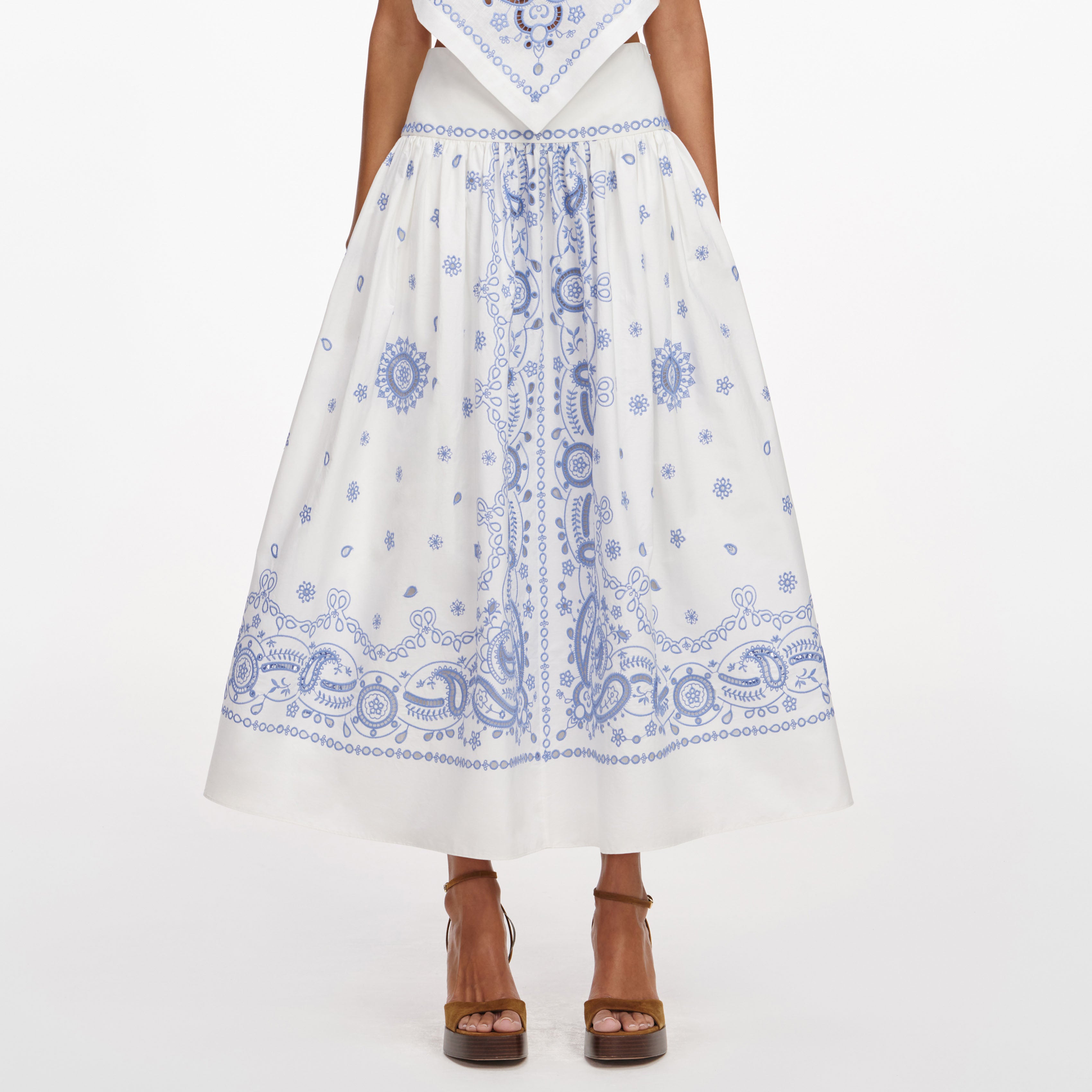 White And Blue Embroidered Midi Skirt