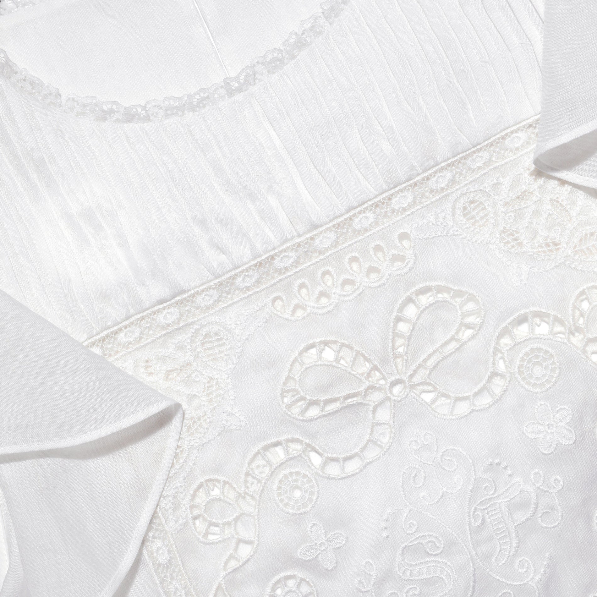 A close up of the fabric for the White Ramie Lace Frill Top