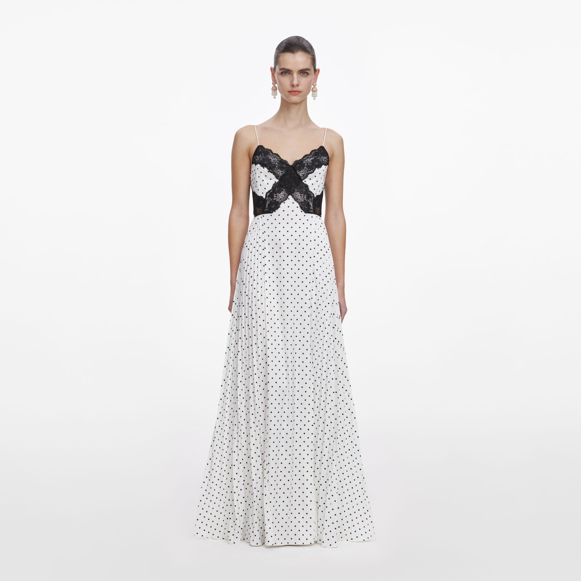 Front view of a woman wearing the White Polka Dot Satin Lace Maxi Dress