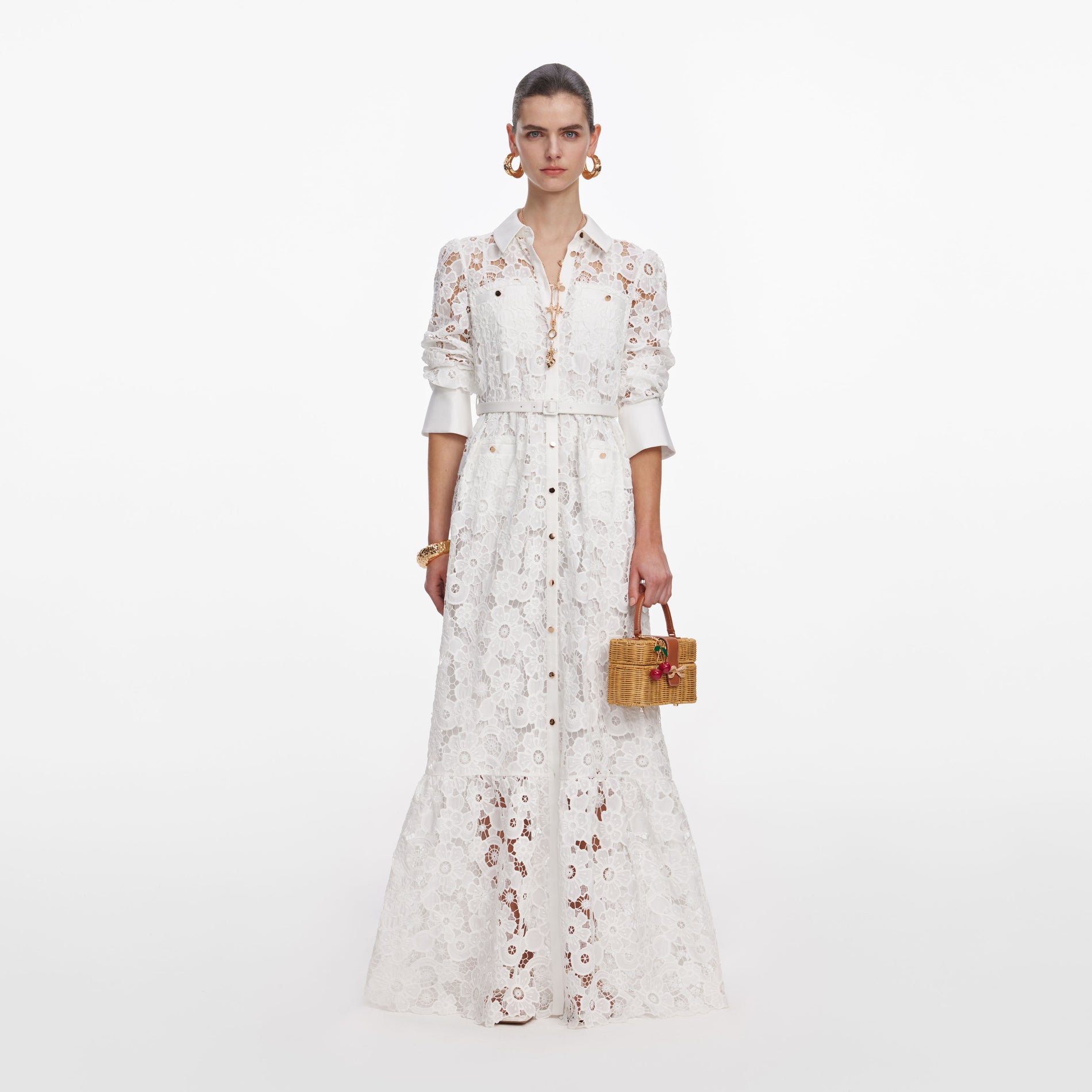 Front view of a woman wearing the White Lace Collared Maxi Dress