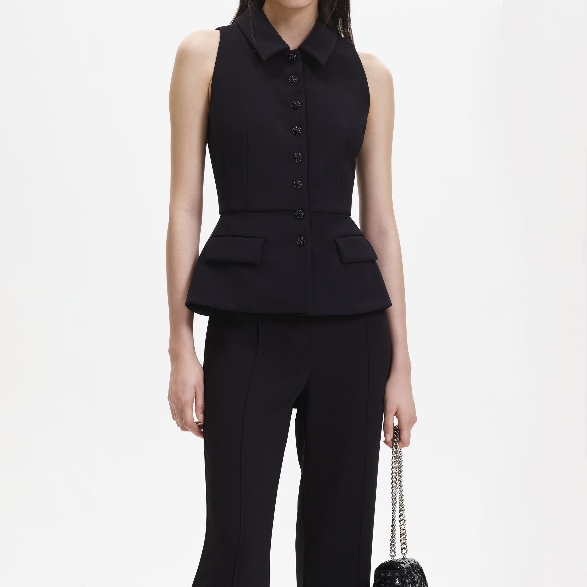 A close up of the fabric for the Black Tailored Jumpsuit