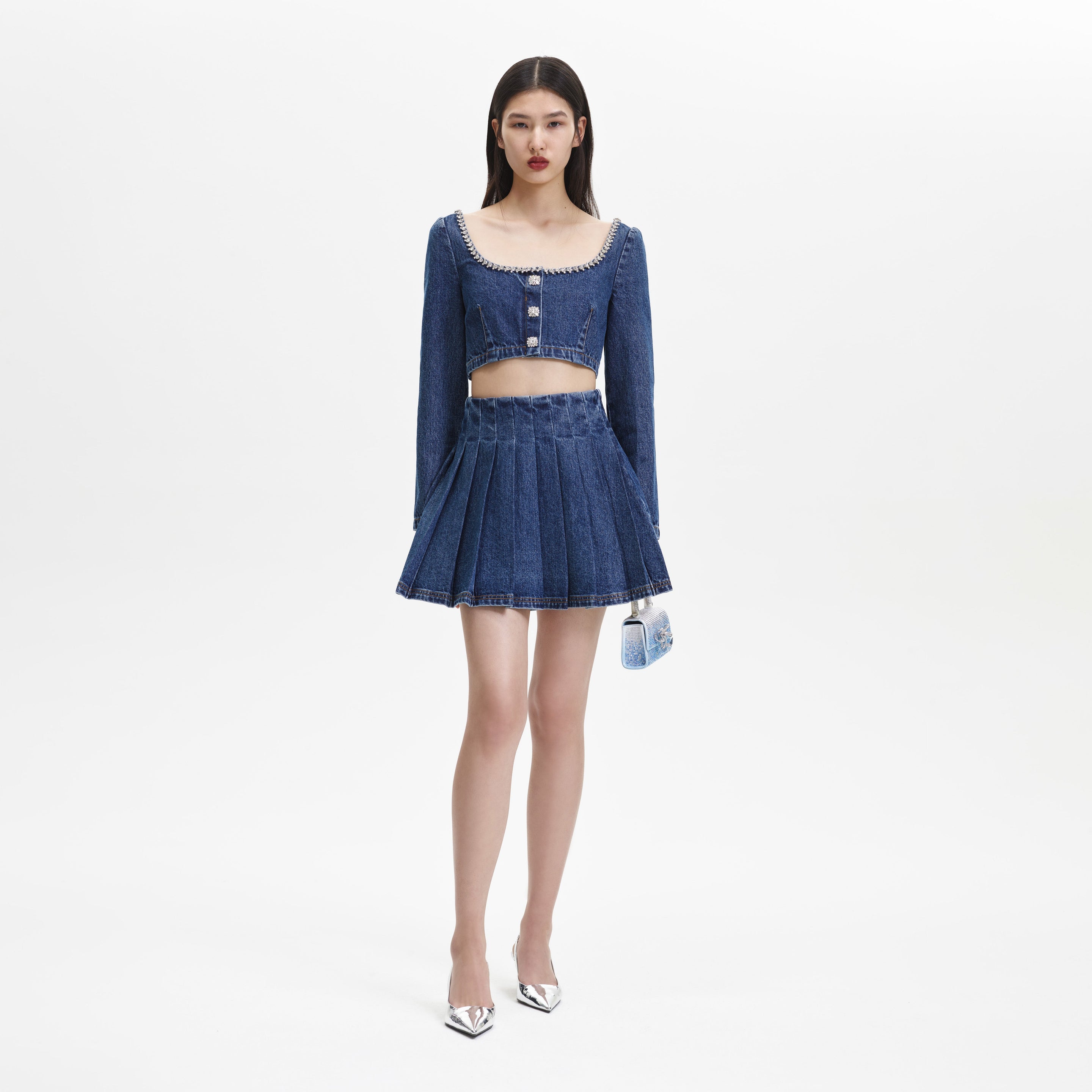 Pleats To Meet You Crop Top and Skort Set - Blue - H&O