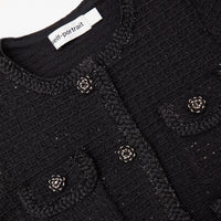 Black Sequin Textured Round Neck Knit Jacket