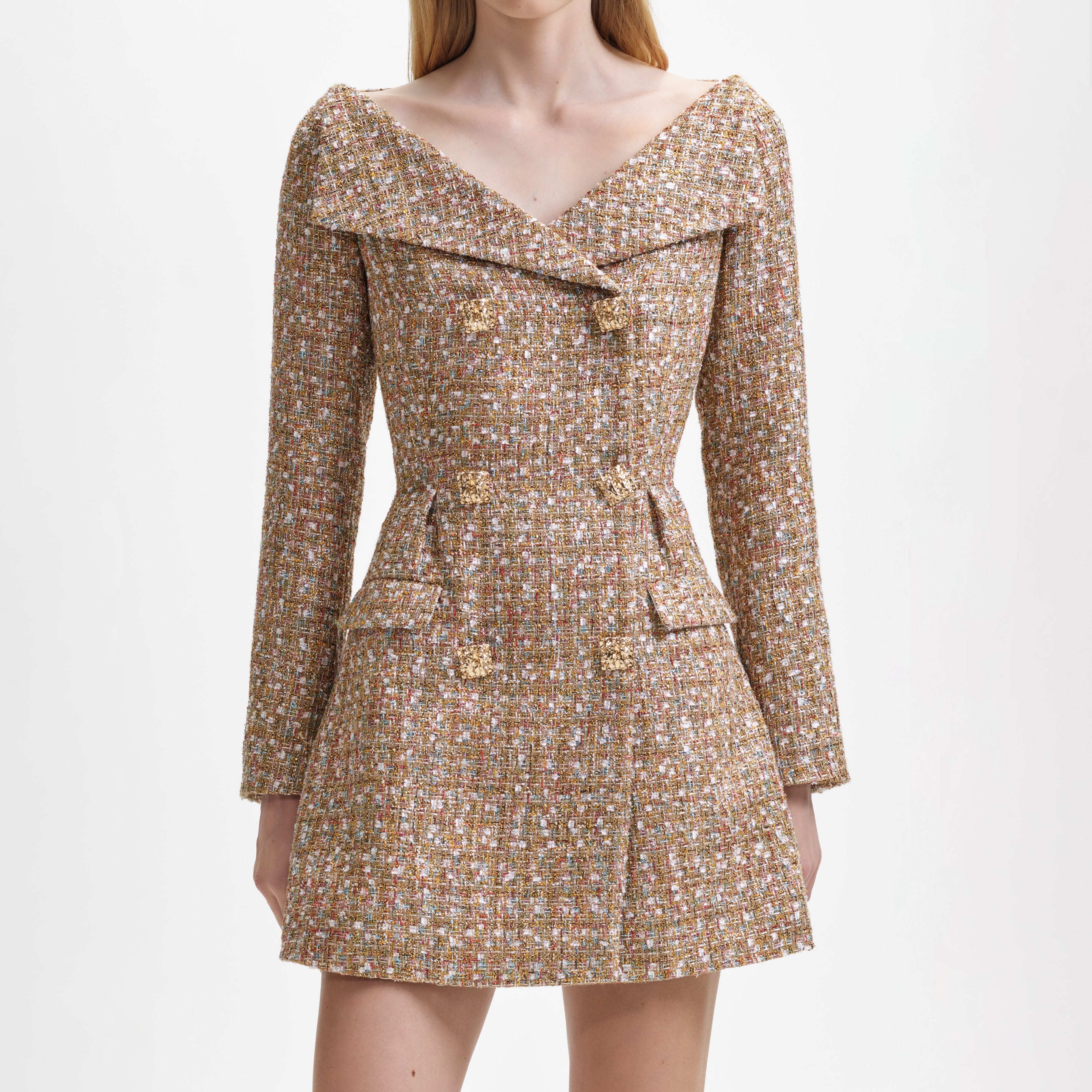 Gold Tinsel Boucle Off Shoulder Mini Dress