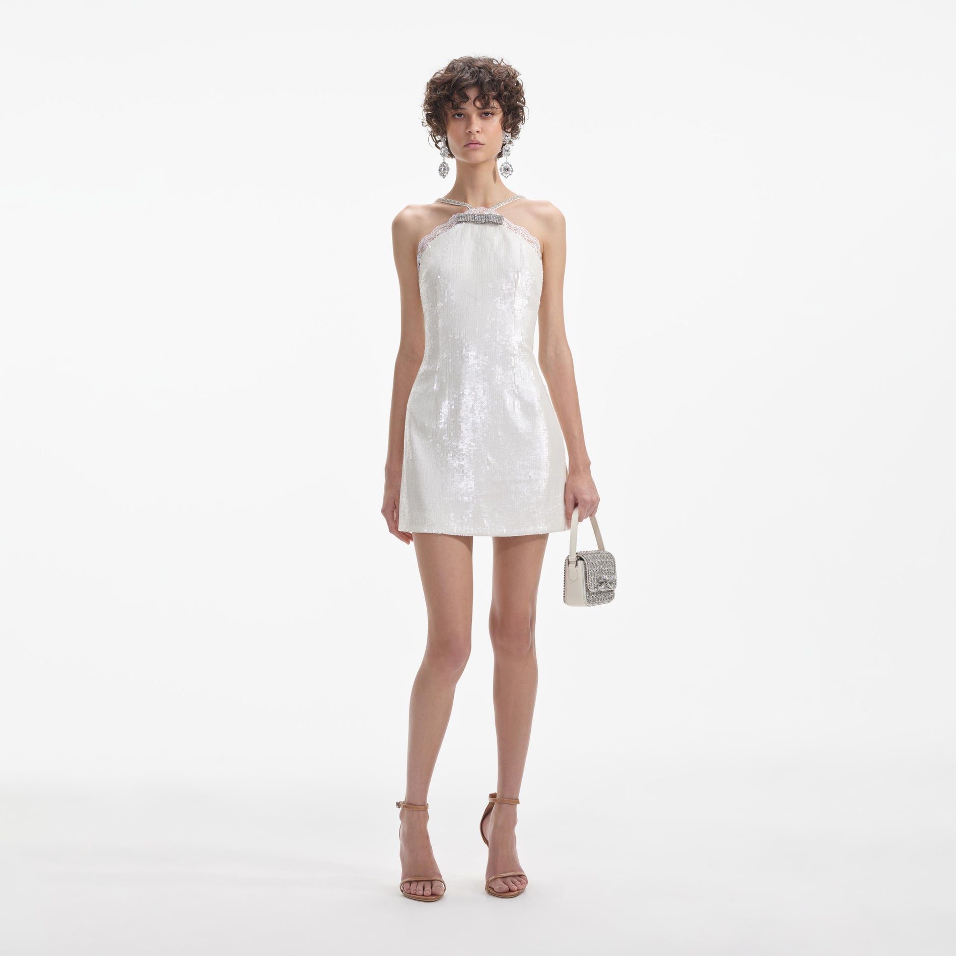 Cream Sequin Halter Mini Dress