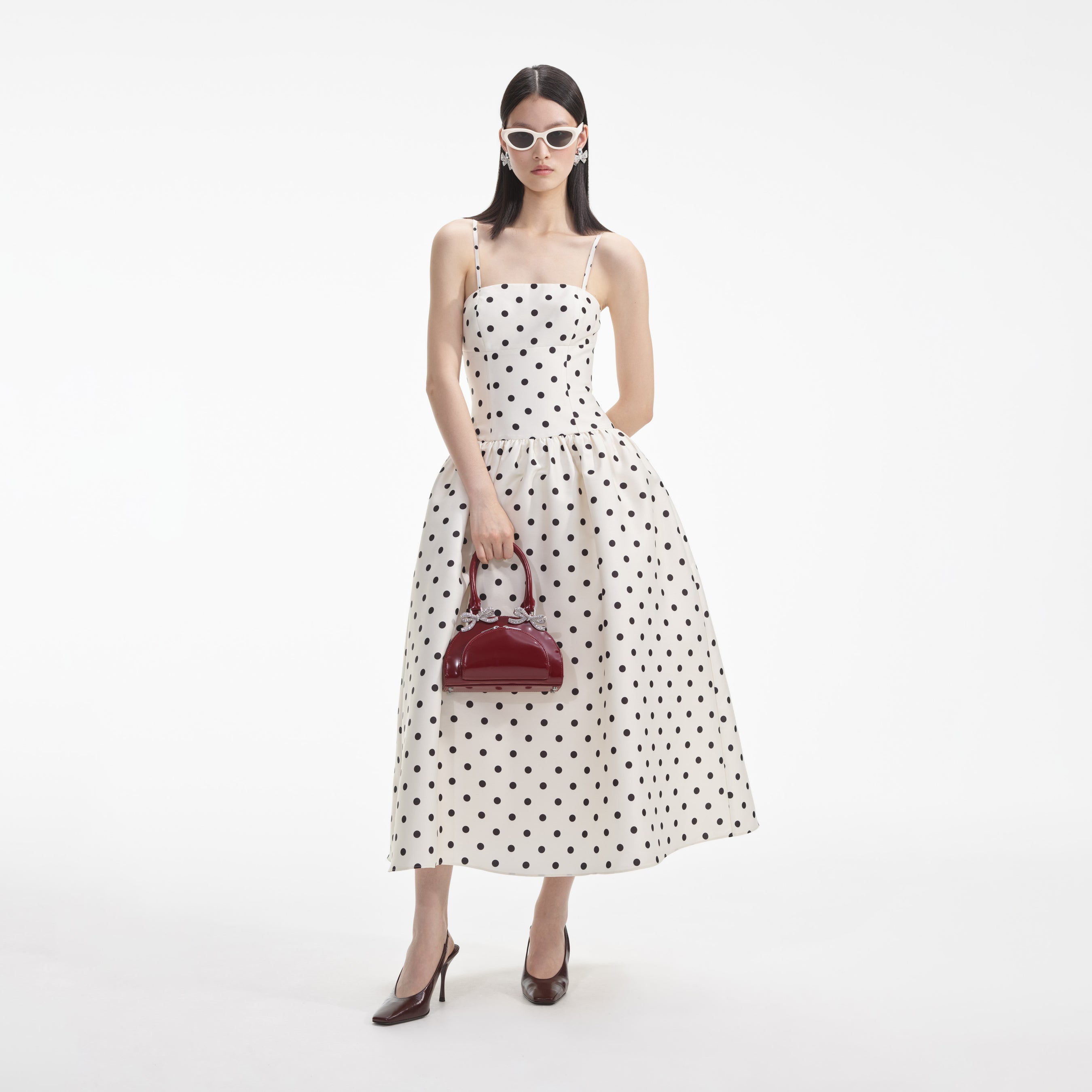 Cream Polka Dot Taffeta Midi Dress