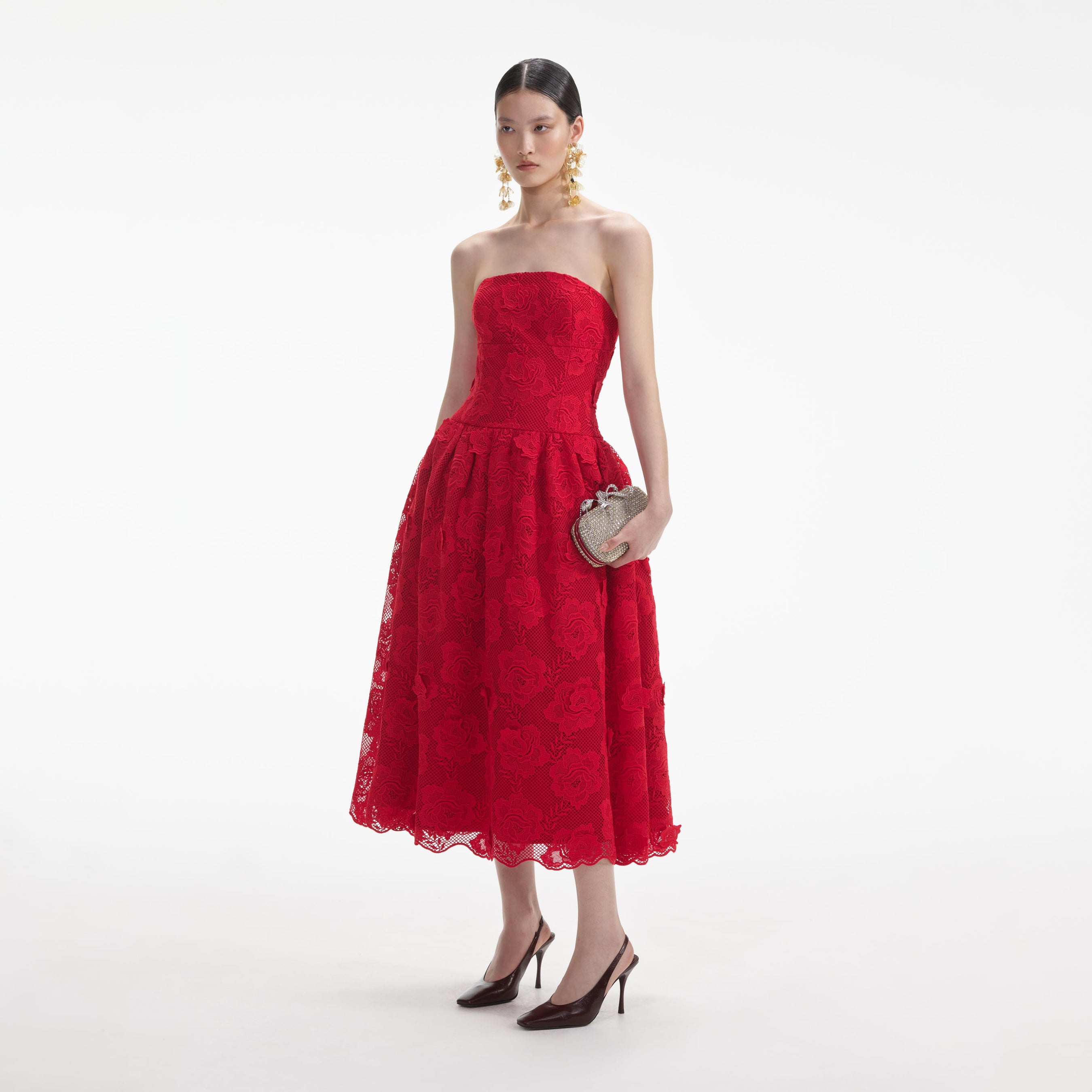 Red Bandeau Lace Midi Dress