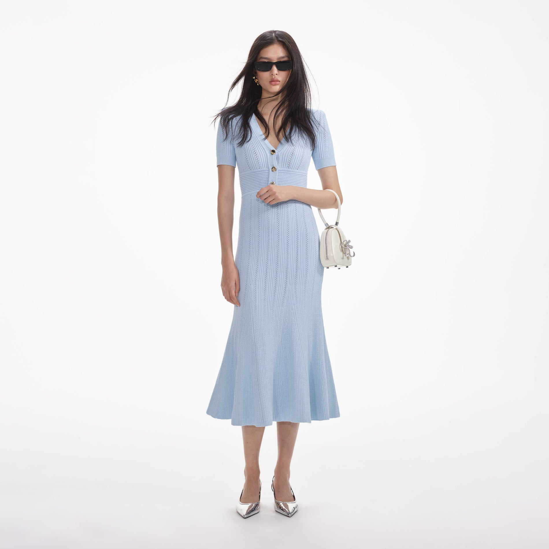 Blue Pointelle Knit Midi Dress