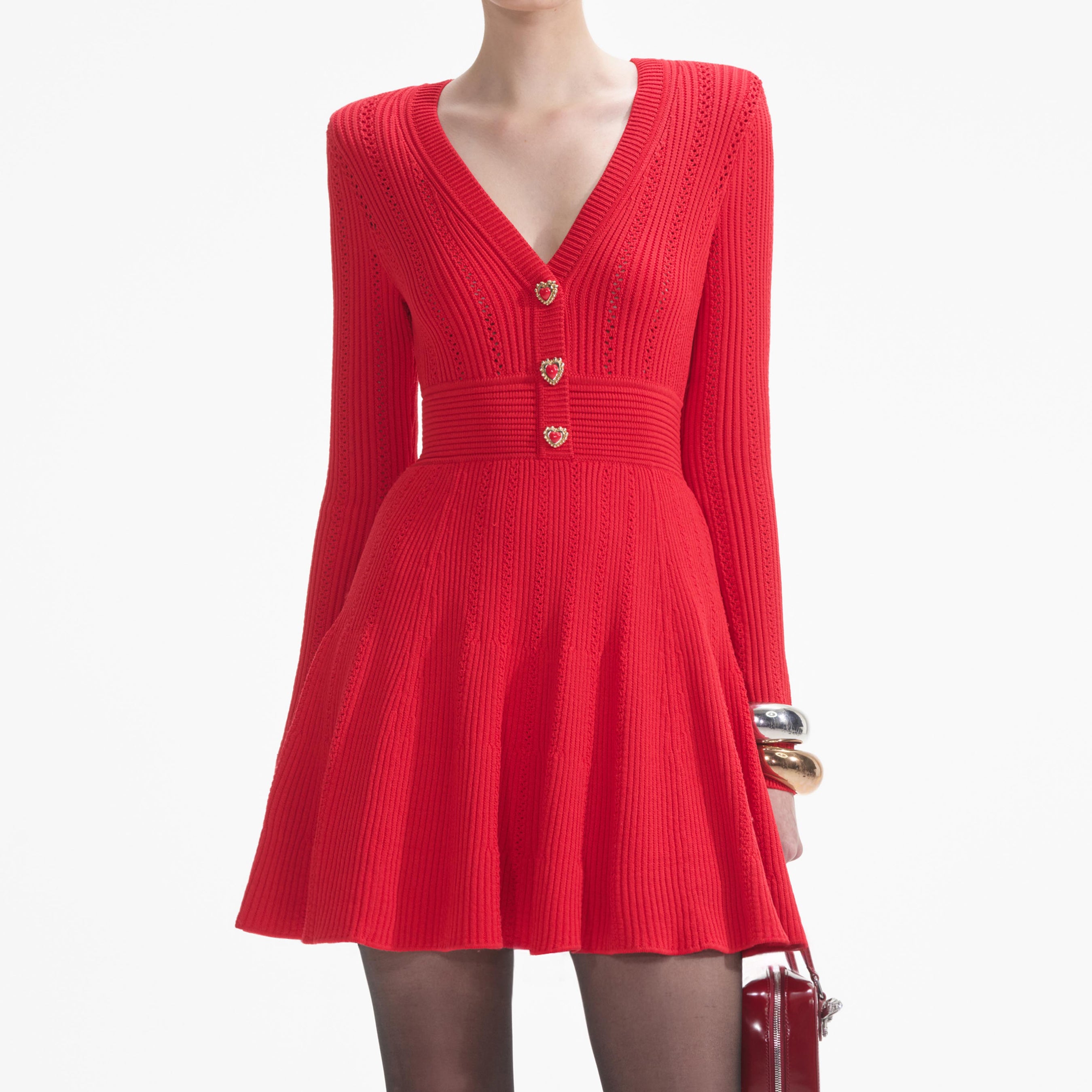 Red Pointelle Knit Mini Dress