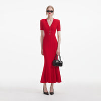 Red Pointelle Knit Midi Dress