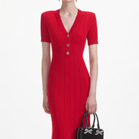 Red Pointelle Knit Midi Dress