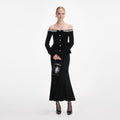 Black Chenille Knit Crystal Trim Midi Dress