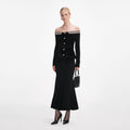 Black Chenille Knit Crystal Trim Midi Dress
