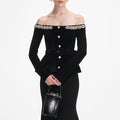 Black Chenille Knit Crystal Trim Midi Dress