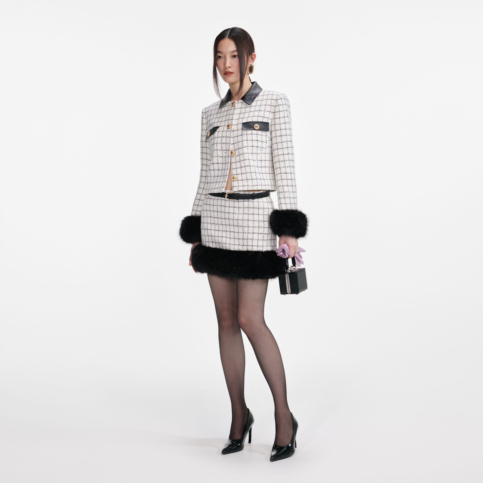 Check Boucle Fur Hem Mini Skirt