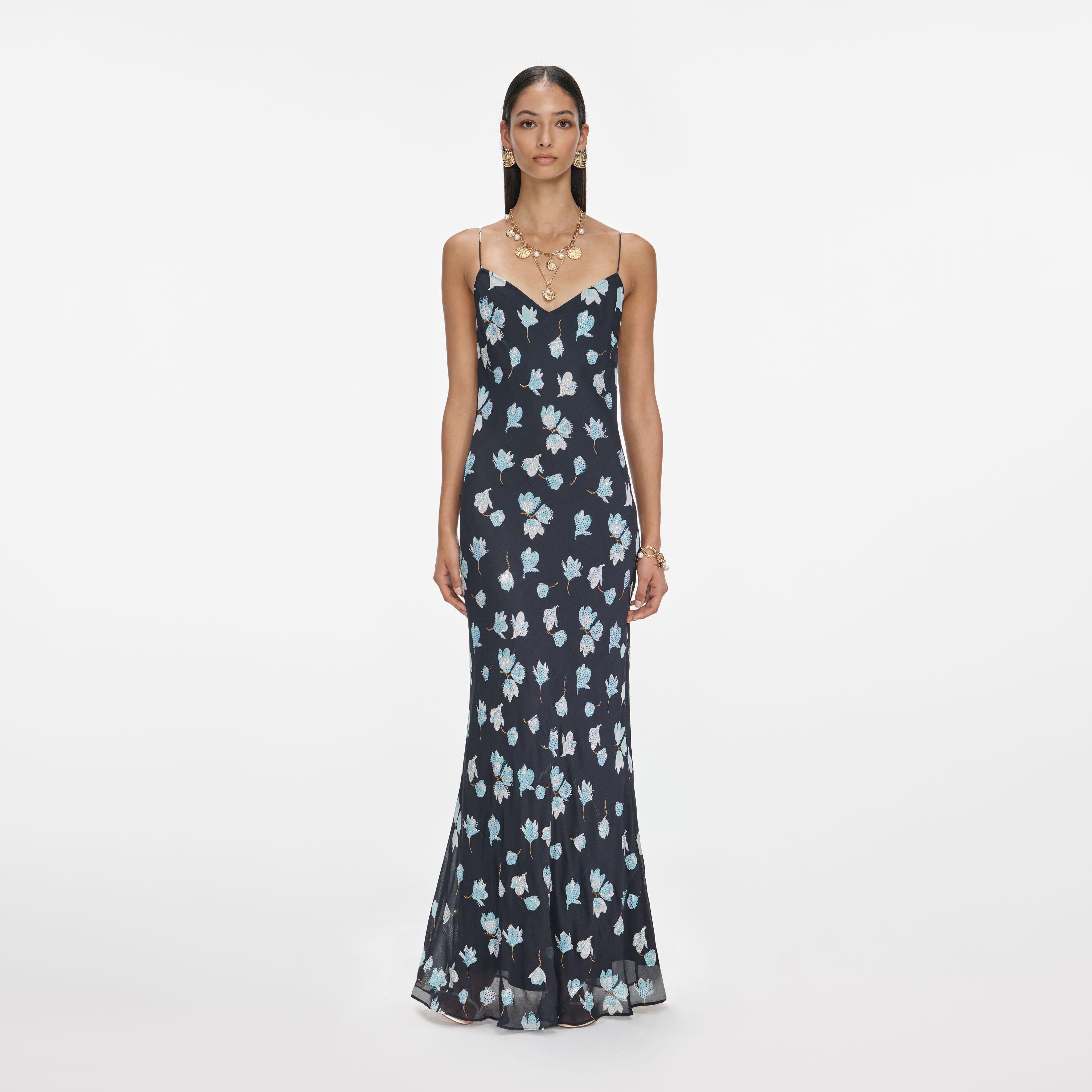 Navy Floral Rhinestone Maxi Dress