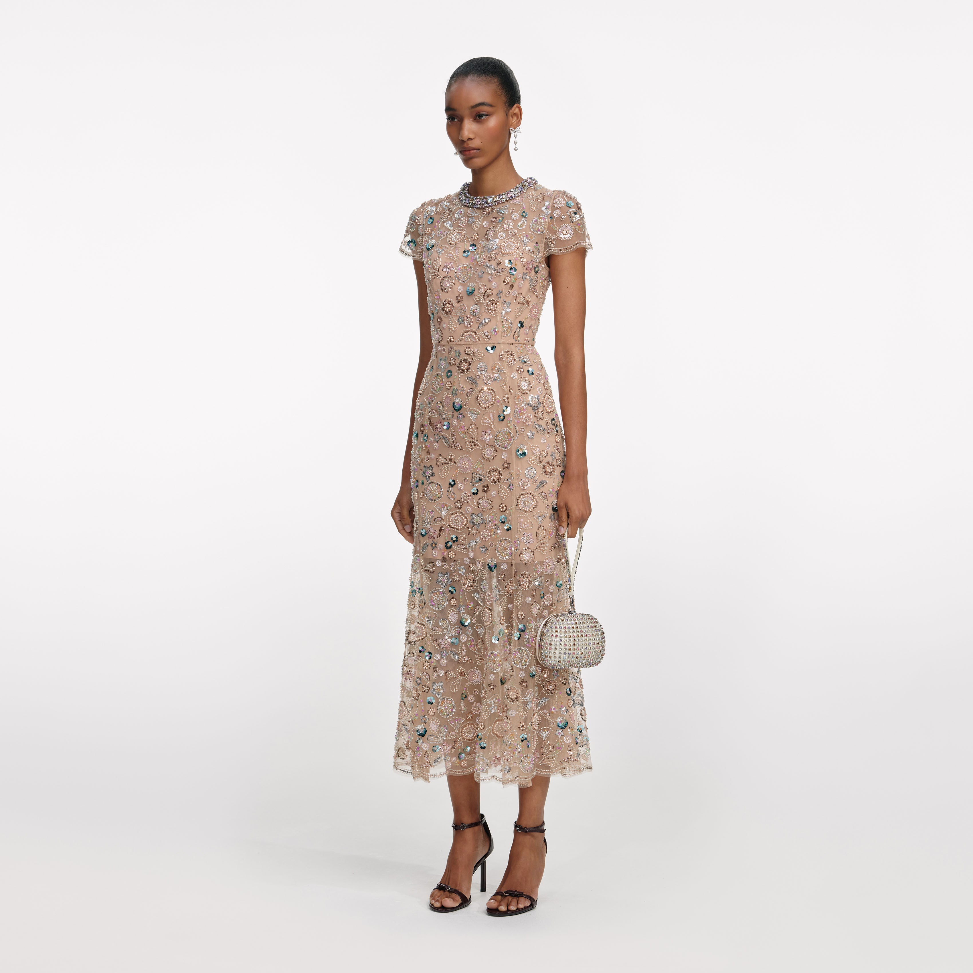 Champagne Sequin Embroidered Midi Dress