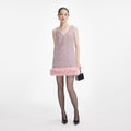 Pink Boucle Fur Hem Mini Dress