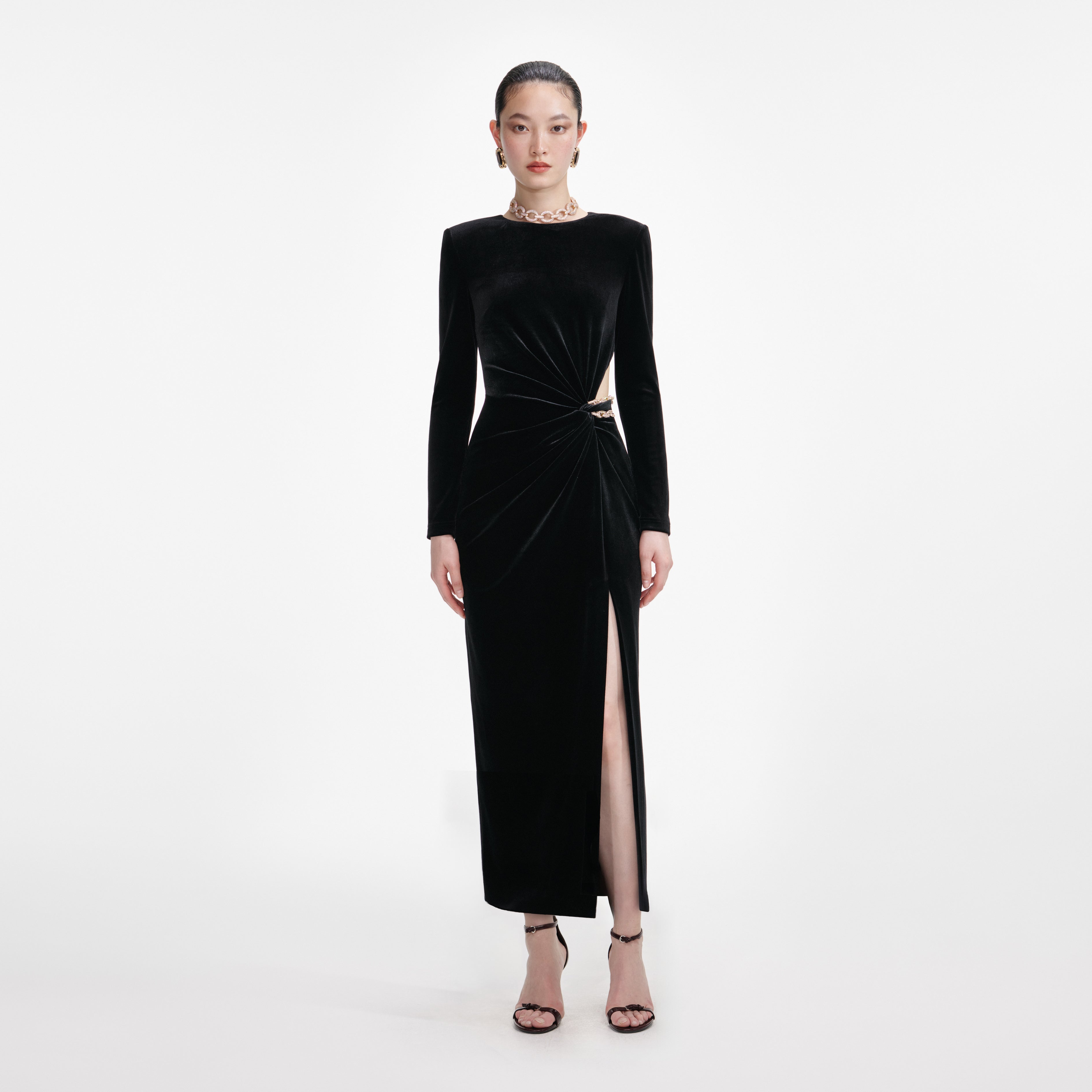 Black Velvet Embellished Midi Dress