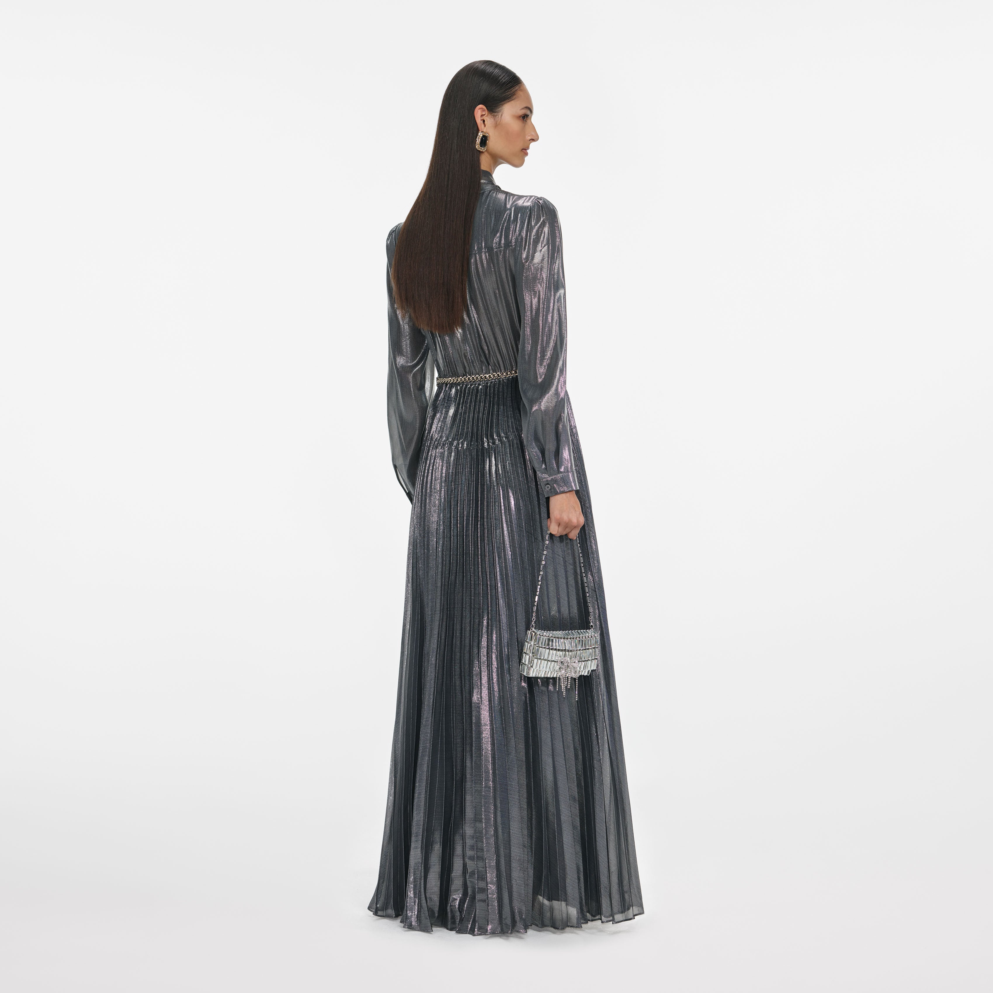 Grey Metallic Tie Neck Maxi Dress
