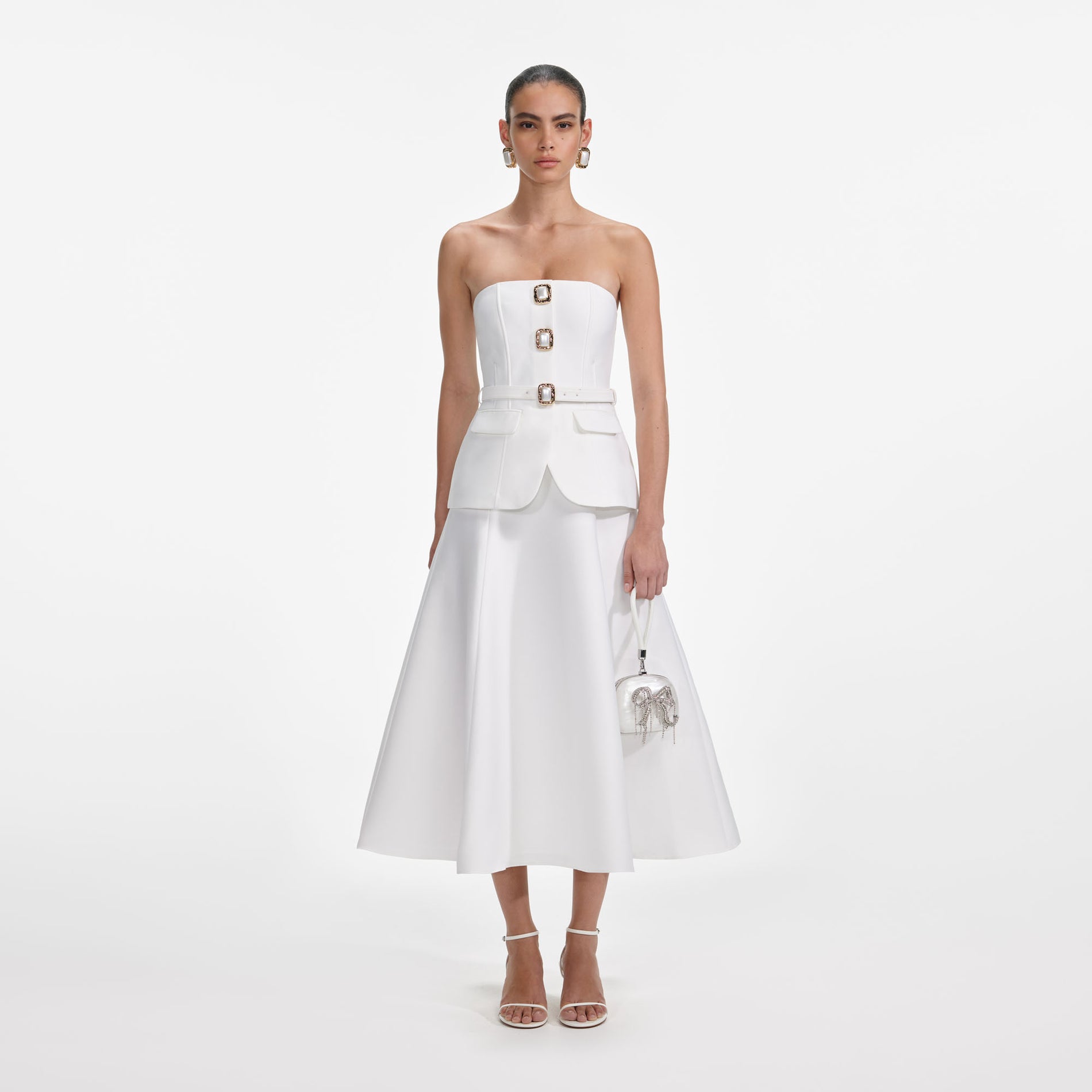 Front view of a woman wearing the White Taffeta Bandeau Midi Dress
