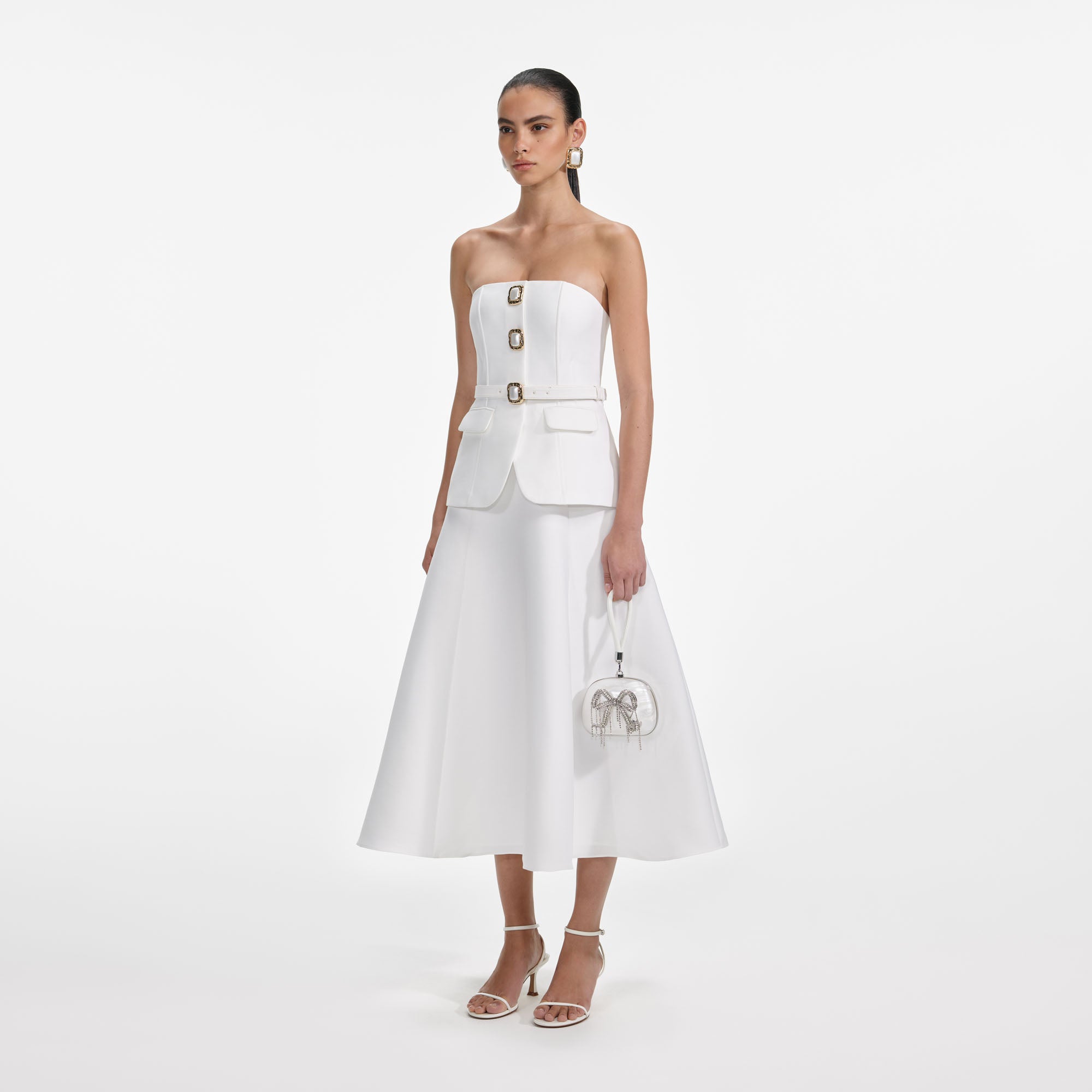 White Taffeta Bandeau Midi Dress