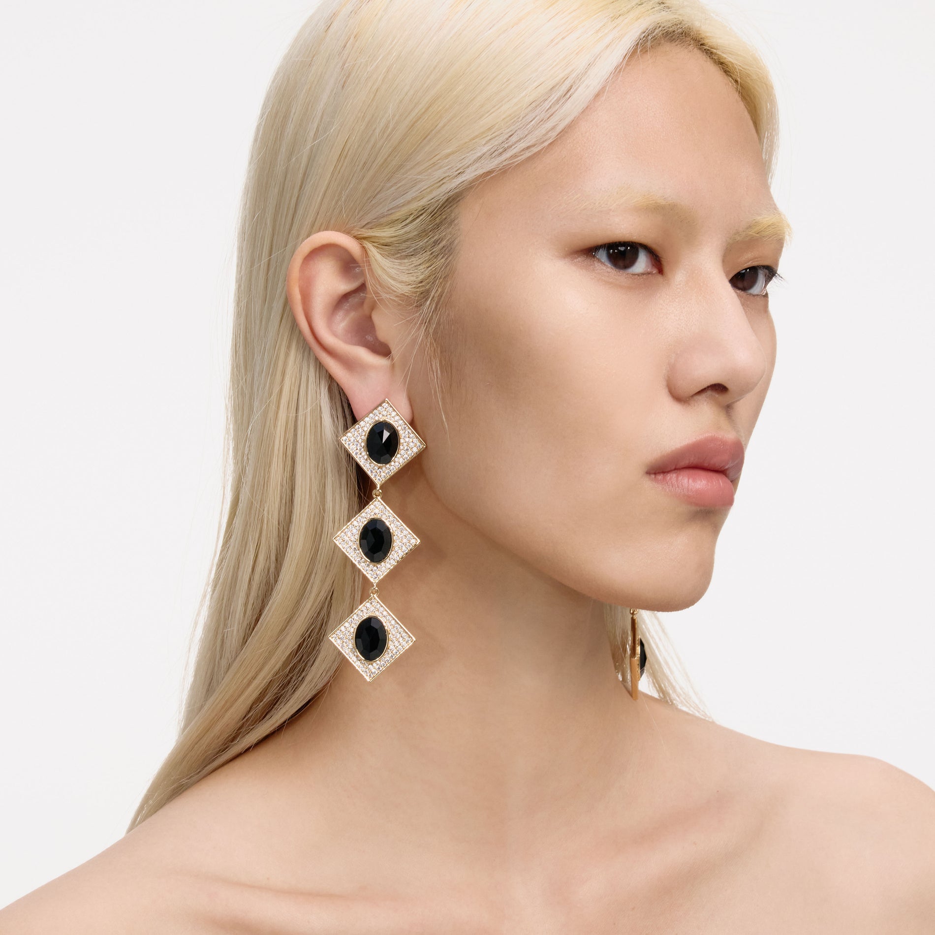 Gold Crystal Black Tiered Earrings